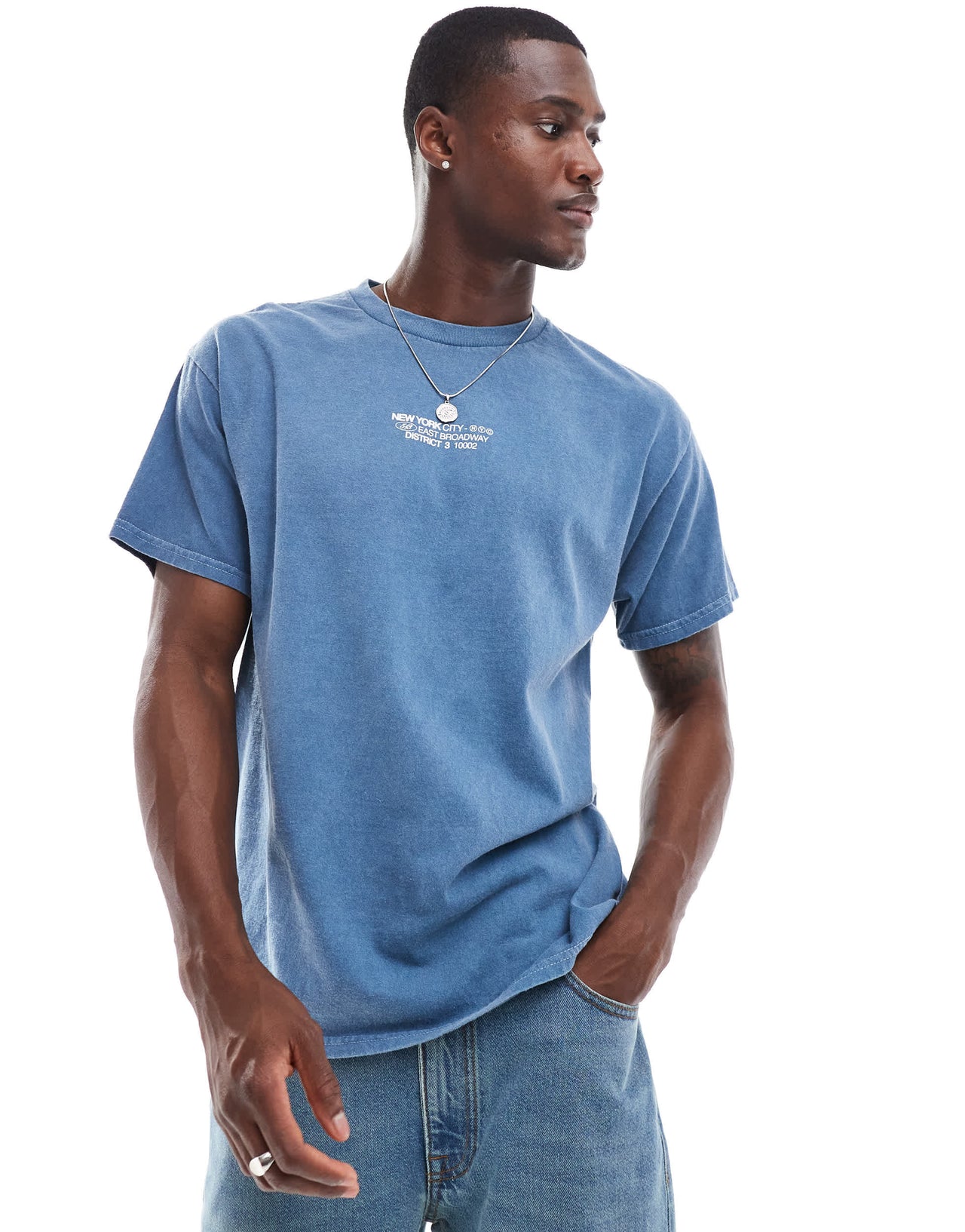 ASOS DESIGN oversized t-shirt with city text chest and back print in washed blue