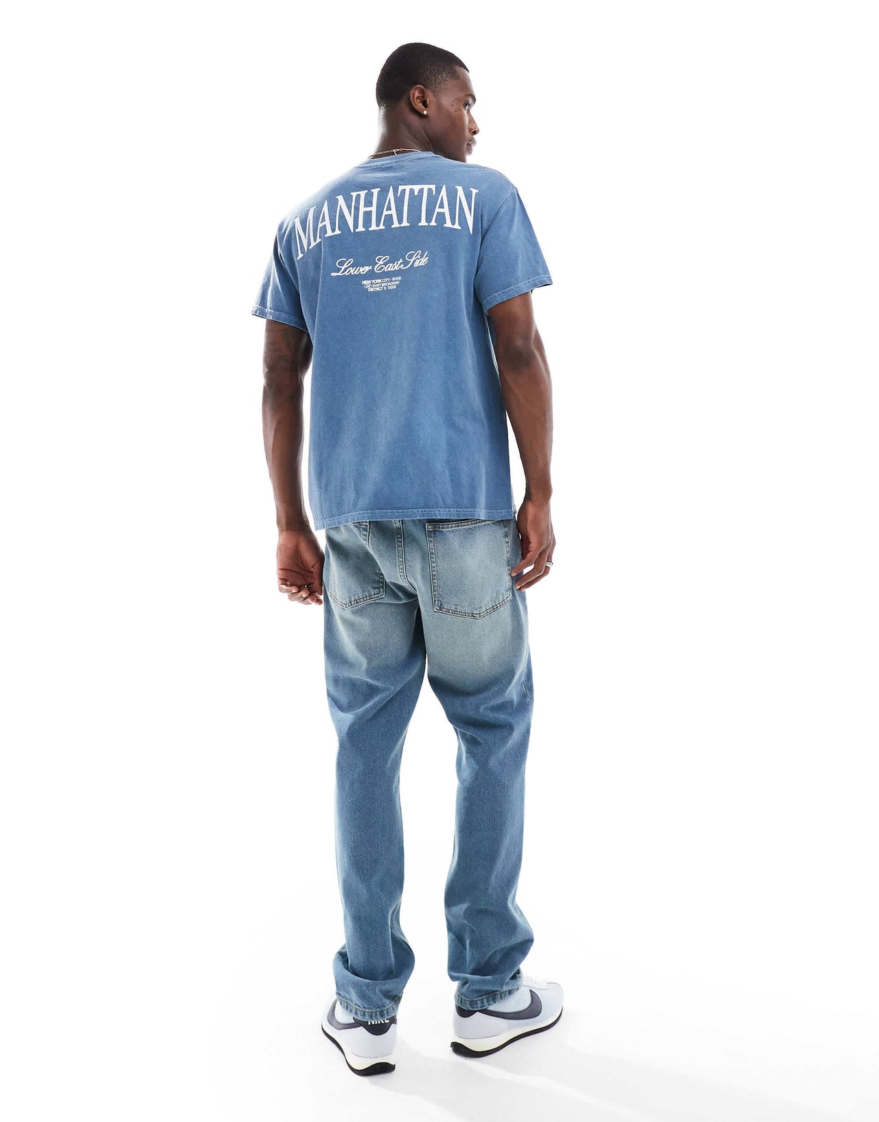 ASOS DESIGN oversized t-shirt with city text chest and back print in washed blue