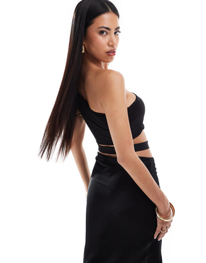 ASOS DESIGN double layer slinky one shoulder crop top with waist cut out in black