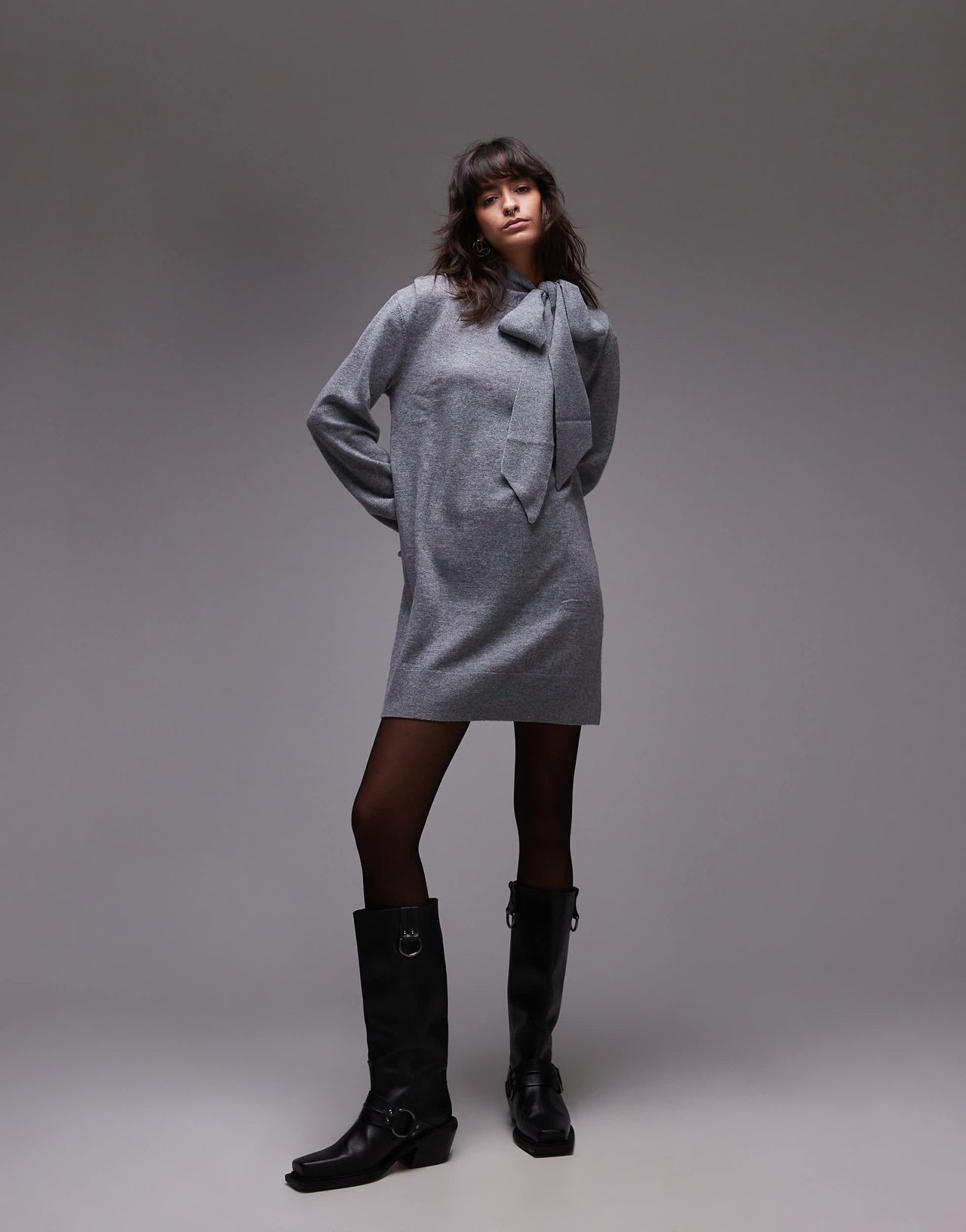 & Other Stories wool knitted mini dress with bow scarf detail in grey