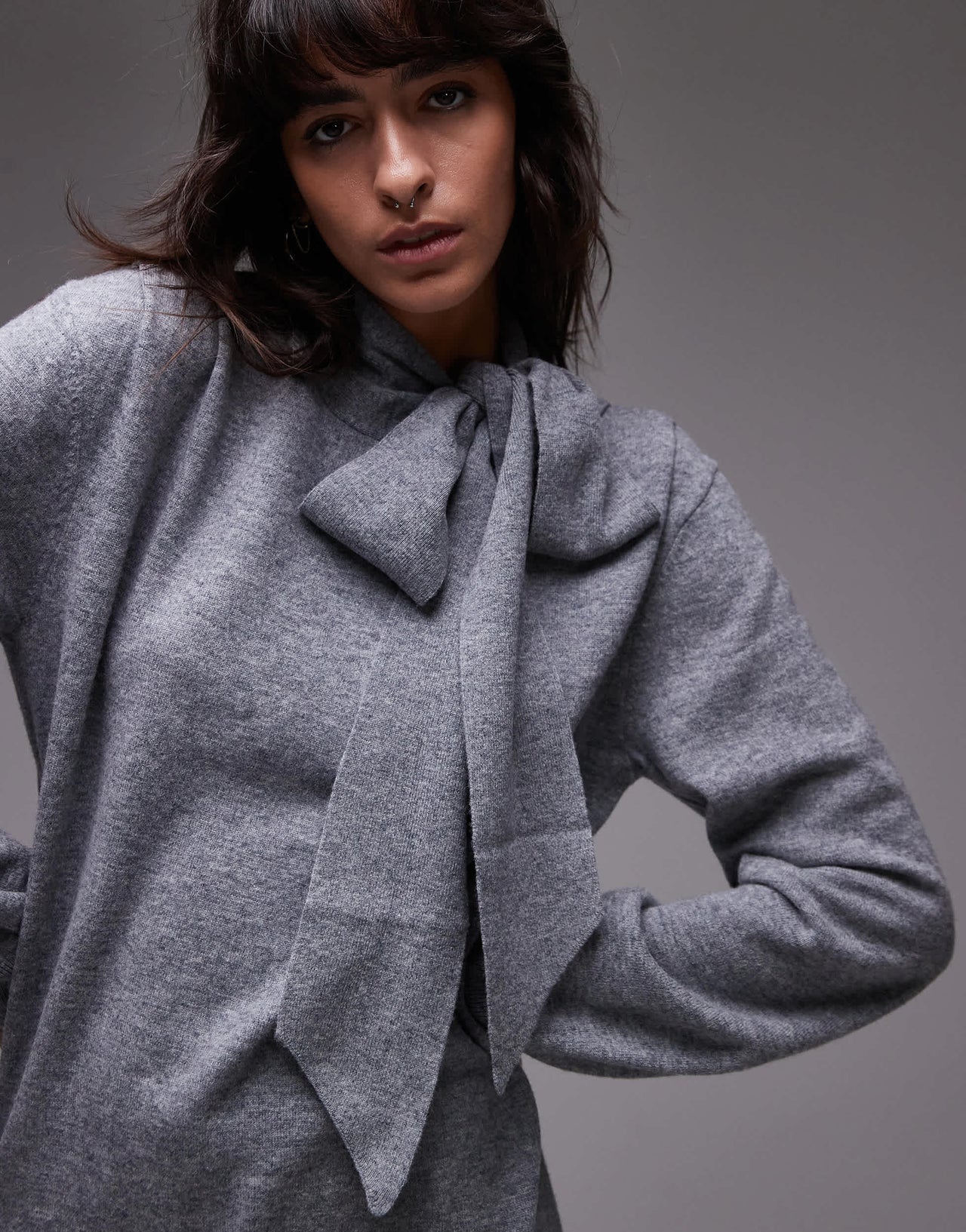 & Other Stories wool knitted mini dress with bow scarf detail in grey