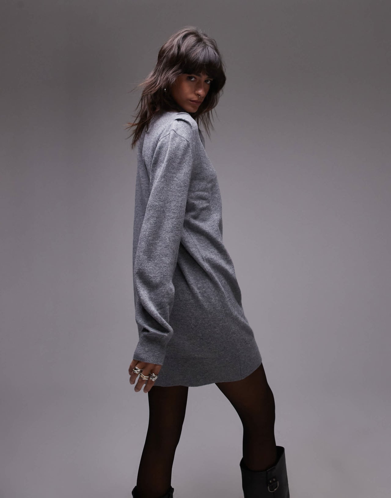 & Other Stories wool knitted mini dress with bow scarf detail in grey