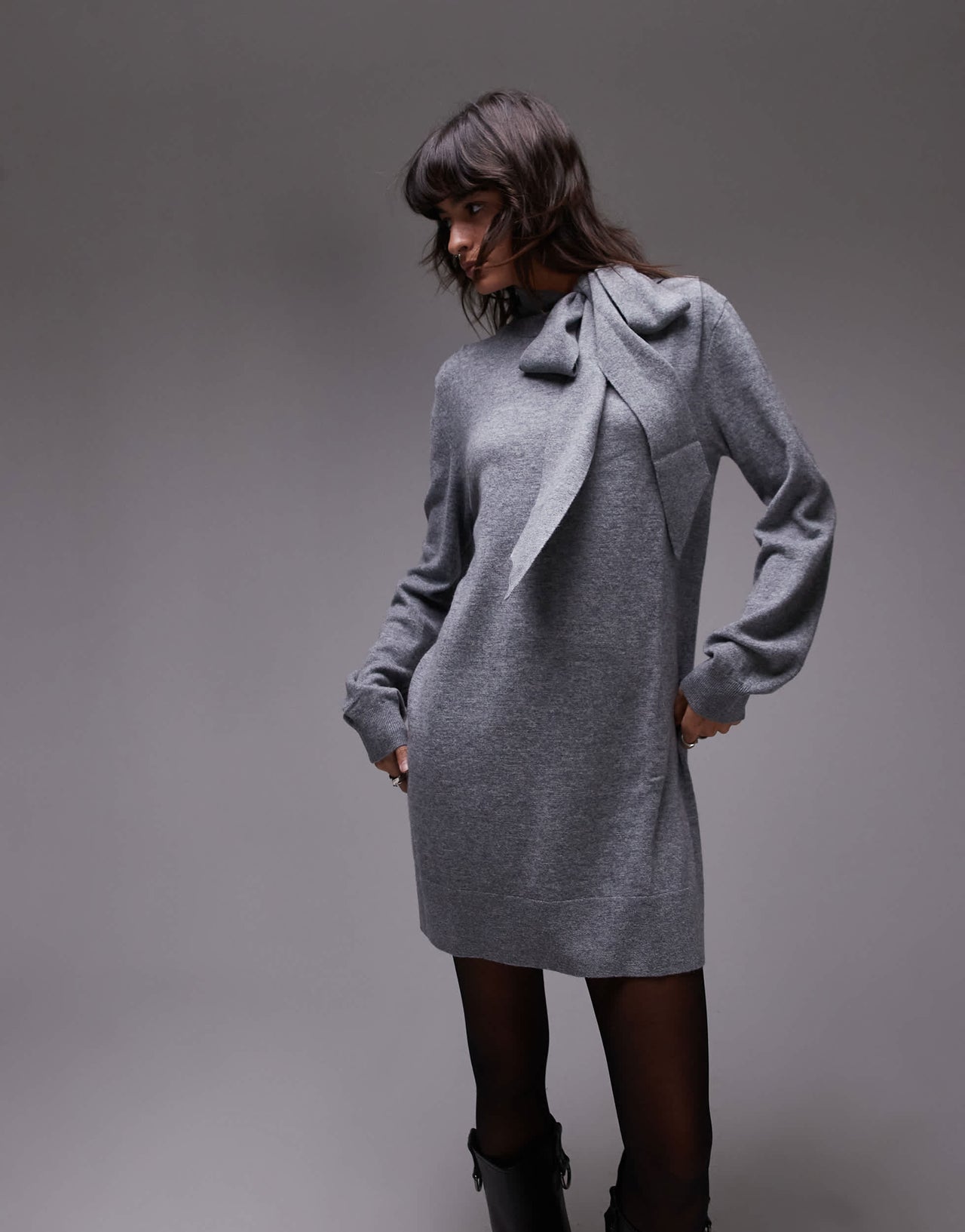 & Other Stories wool knitted mini dress with bow scarf detail in grey