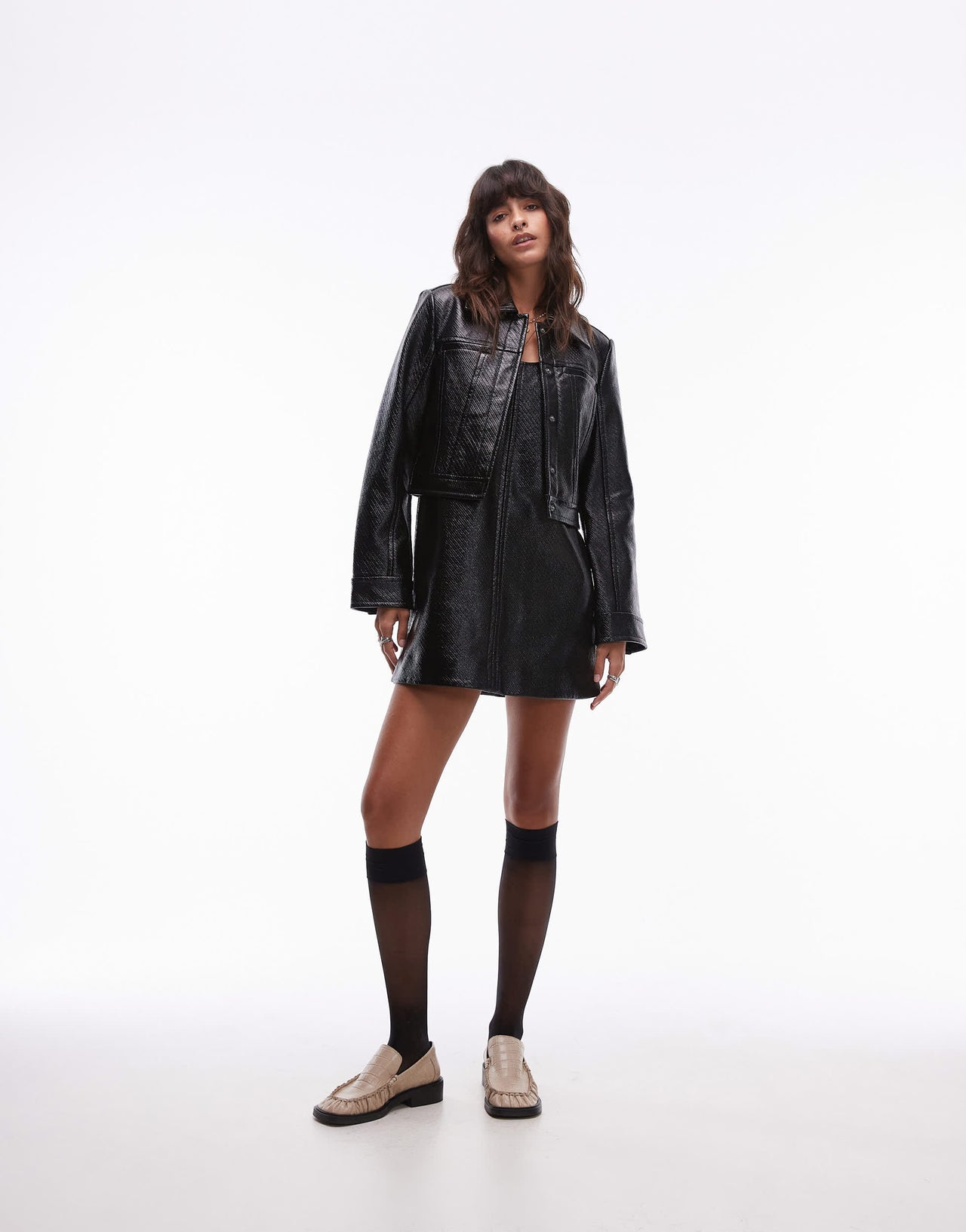 & Other Stories co-ord patent jacket with houndstooth lining in black