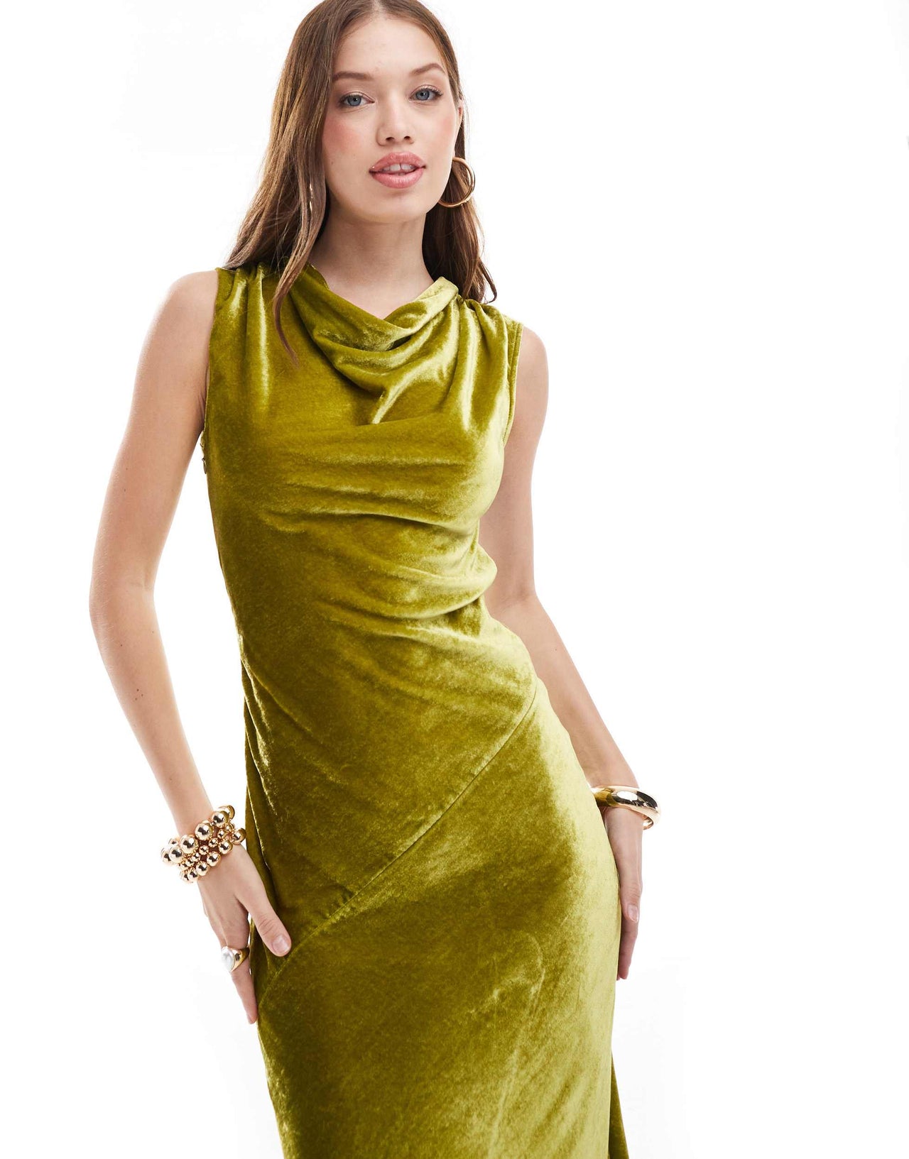 & Other Stories velvet maxi dress with cowl drape detail in green