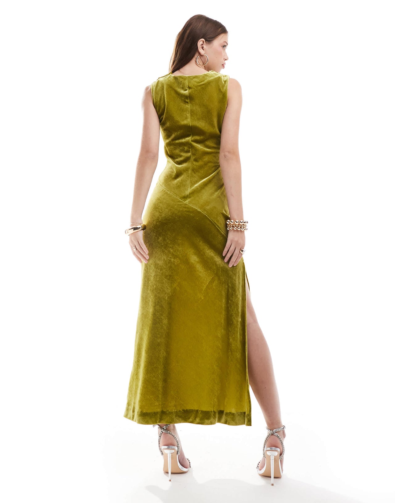 & Other Stories velvet maxi dress with cowl drape detail in green