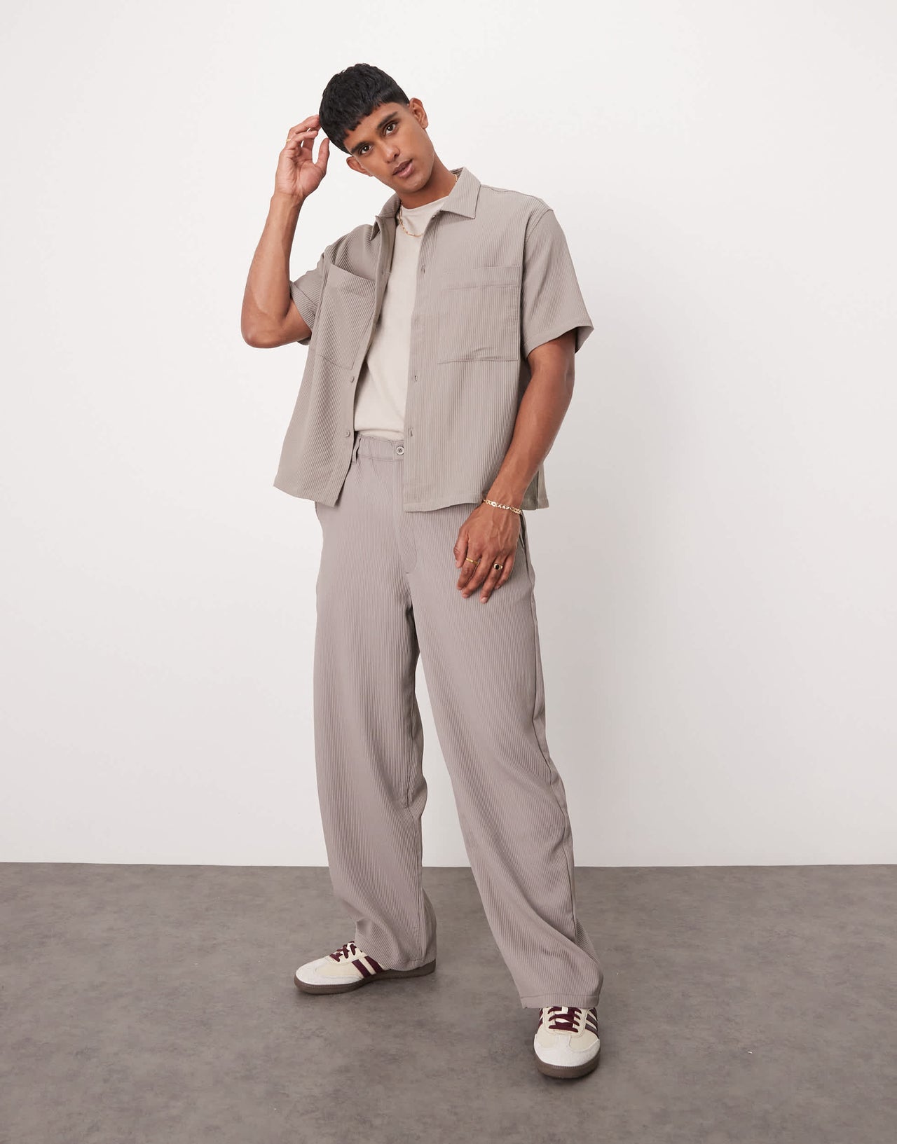 Bershka wide leg plisse trouser co-ord in light brown
