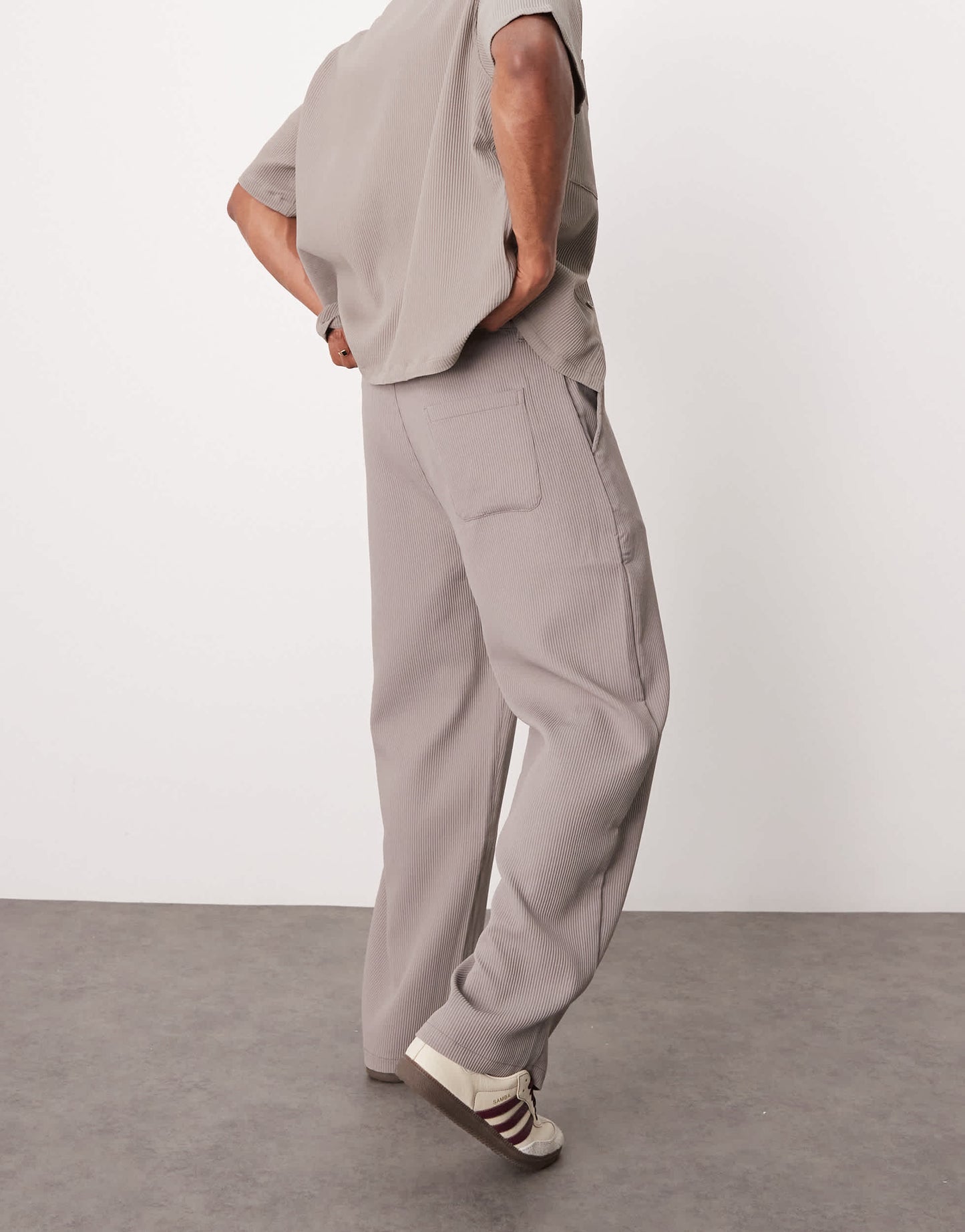 Bershka wide leg plisse trouser co-ord in light brown