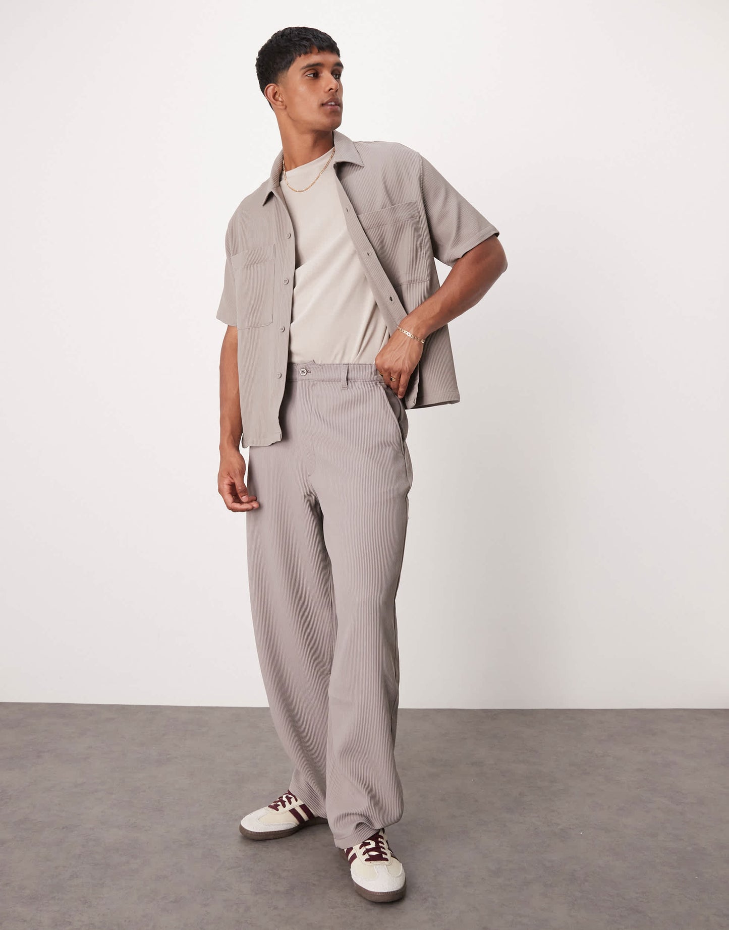 Bershka wide leg plisse trouser co-ord in light brown