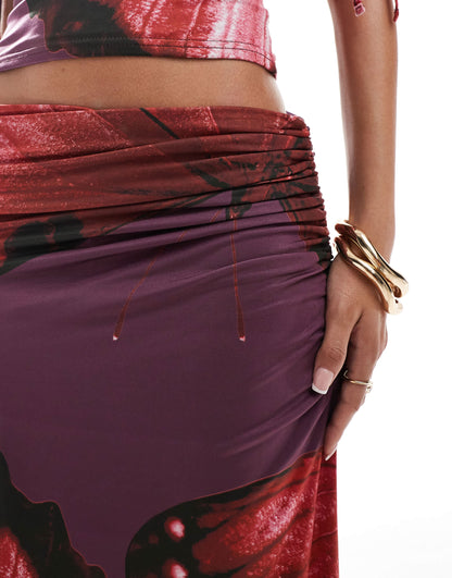 Kaiia exclusive double layered slinky ruched column maxi skirt co-ord in red and purple flower print