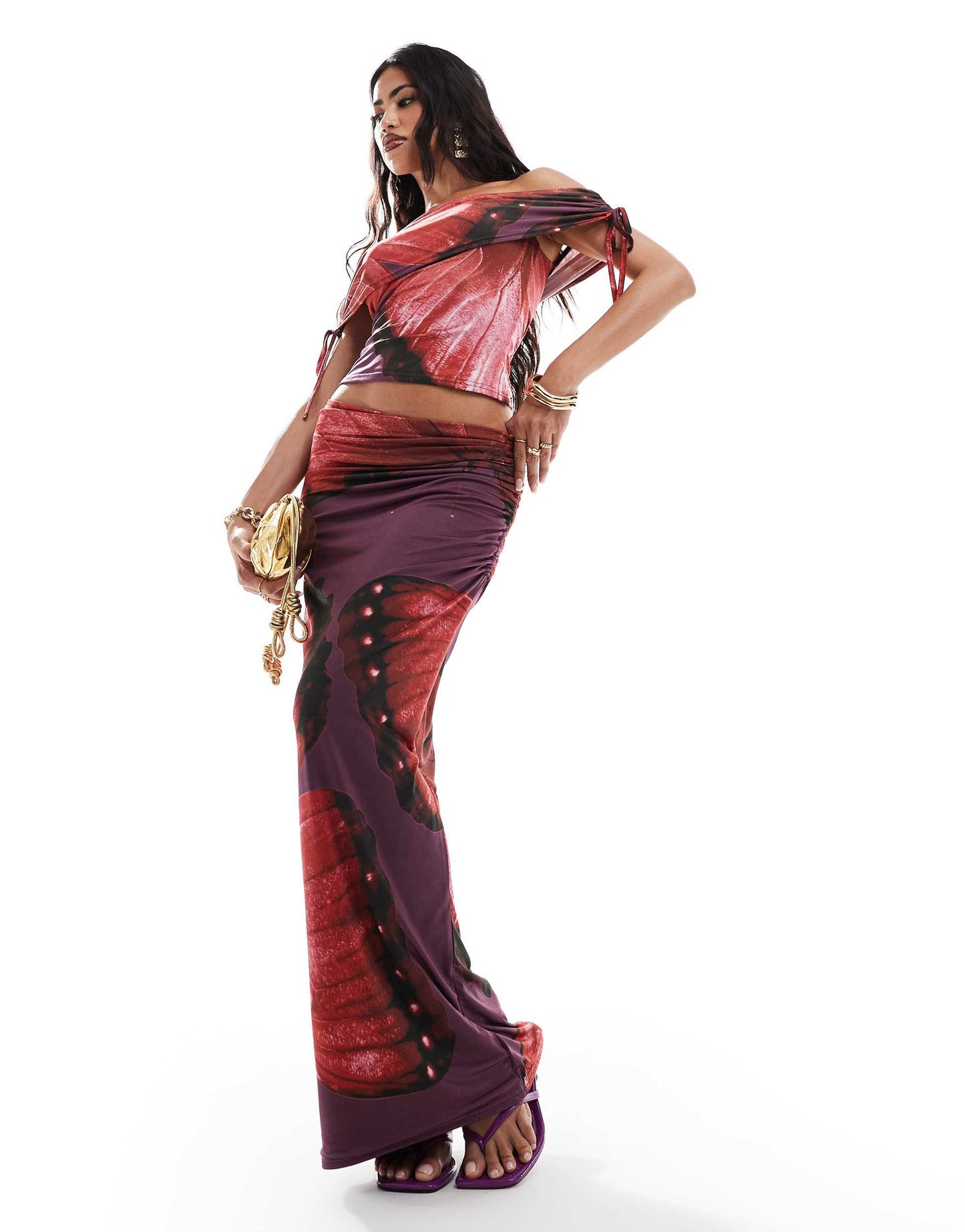 Kaiia exclusive double layered slinky ruched column maxi skirt co-ord in red and purple flower print
