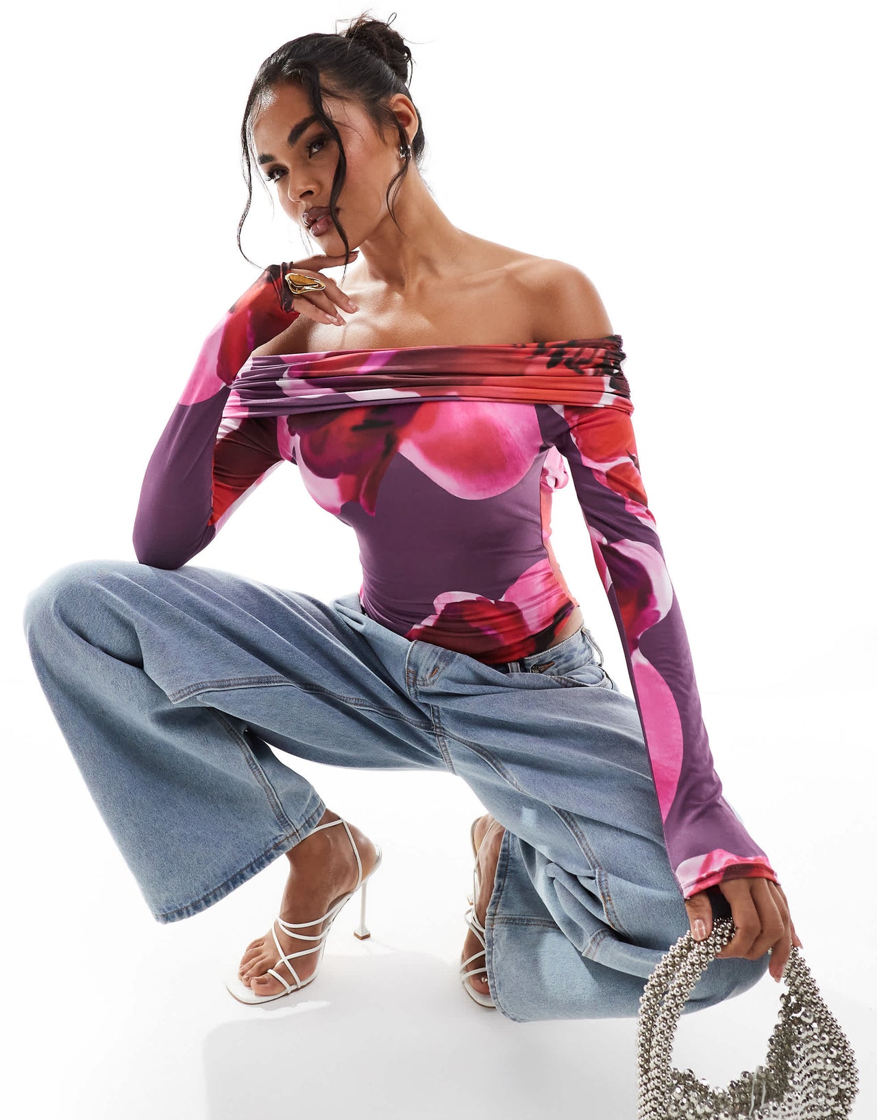 Kaiia exclusive double layered slinky bardot open back long sleeve body in dark purple print