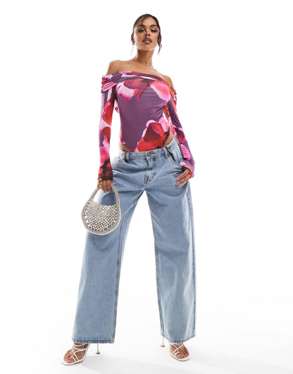 Kaiia exclusive double layered slinky bardot open back long sleeve body in dark purple print