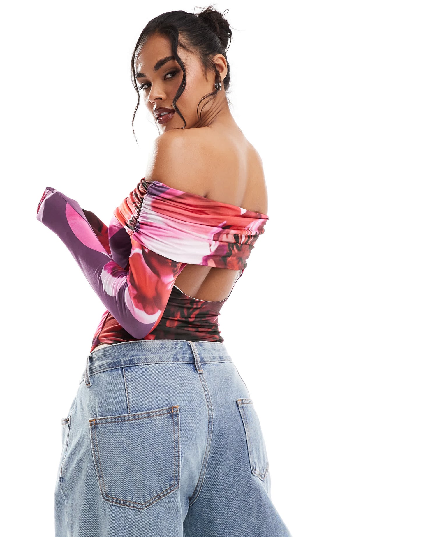 Kaiia exclusive double layered slinky bardot open back long sleeve body in dark purple print