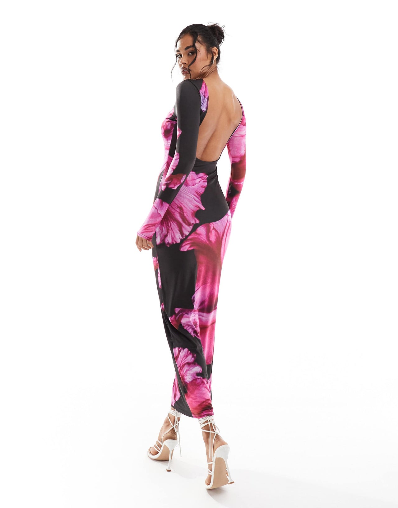 Kaiia exclusive double layered slinky long sleeve low back bodycon maxi dress in pink flower print