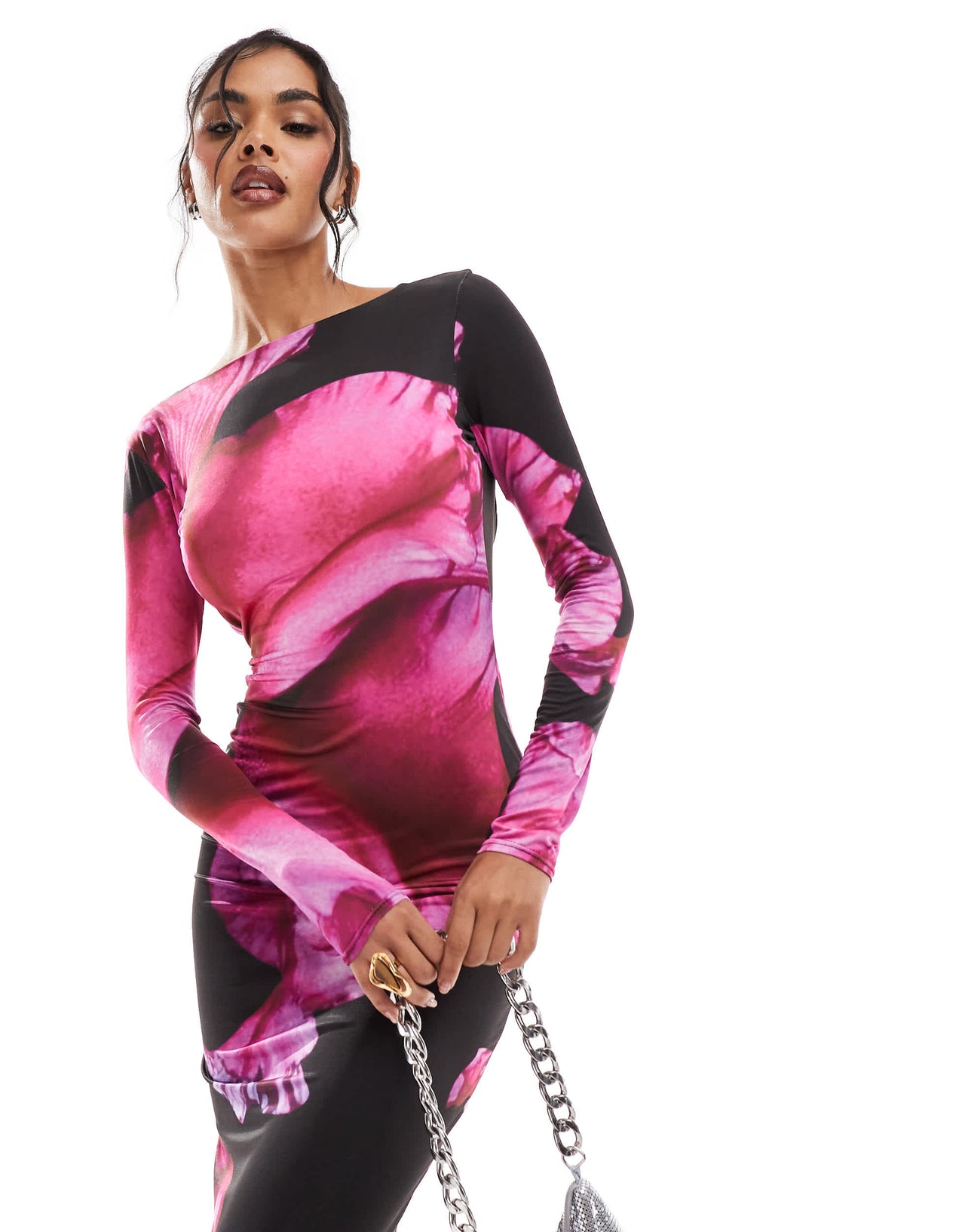 Kaiia exclusive double layered slinky long sleeve low back bodycon maxi dress in pink flower print