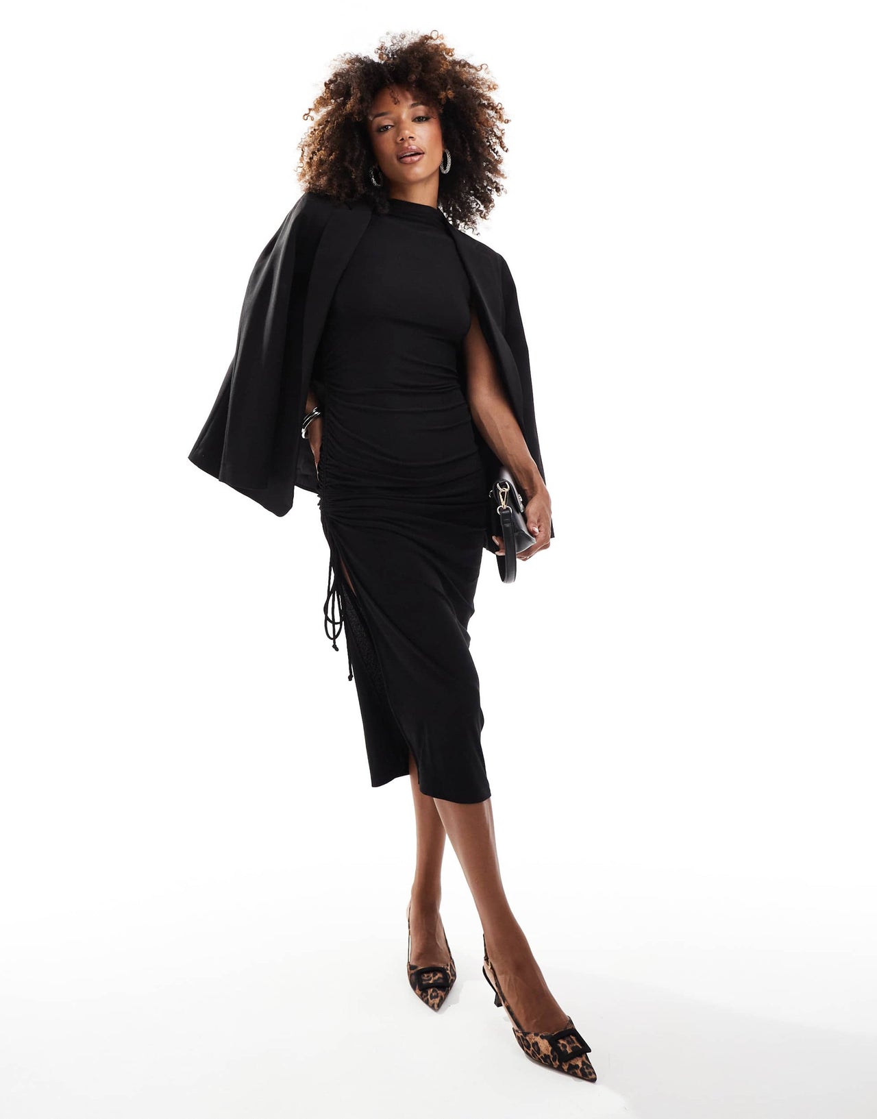 River Island asymmetric ruched midi dress in black