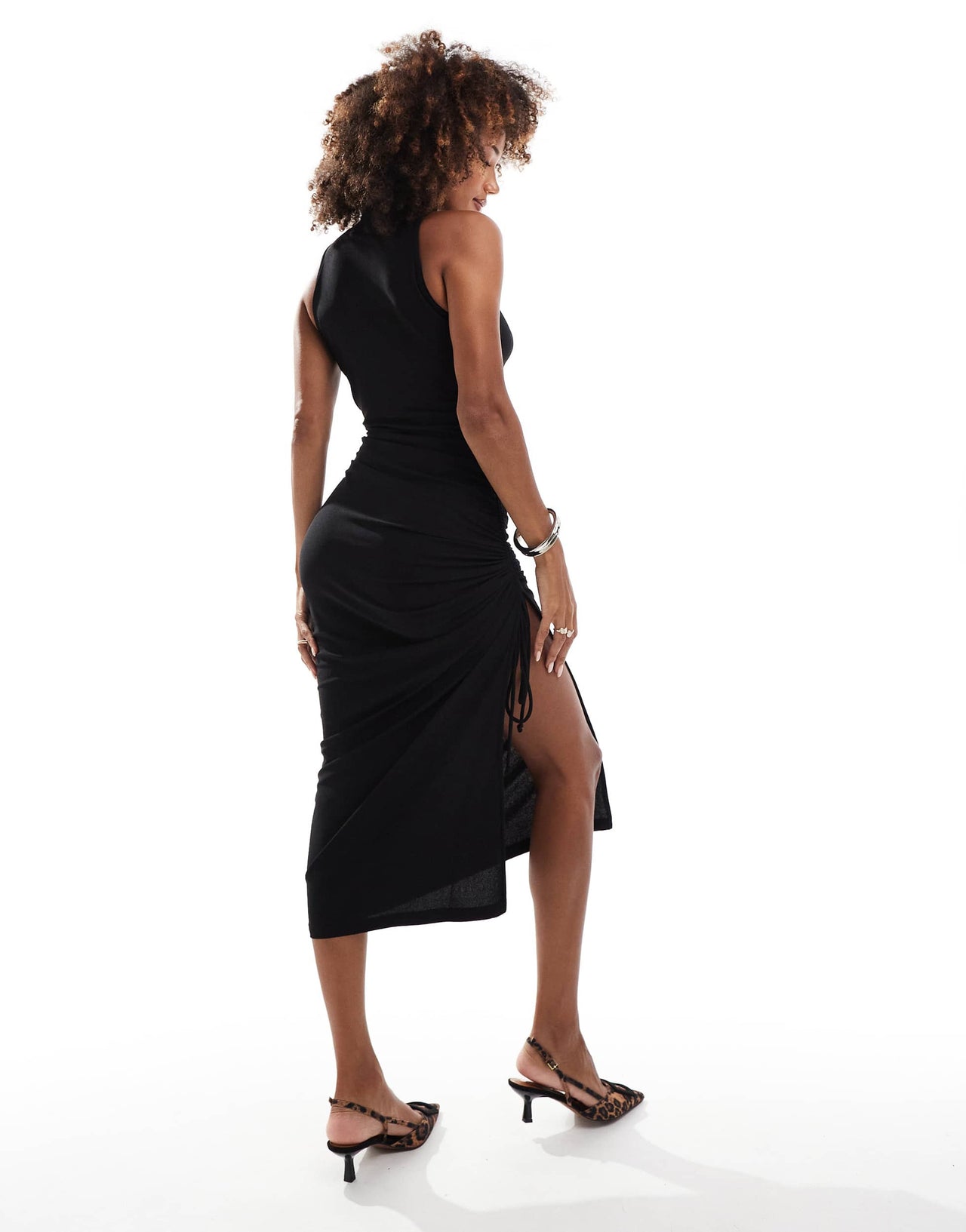 River Island asymmetric ruched midi dress in black