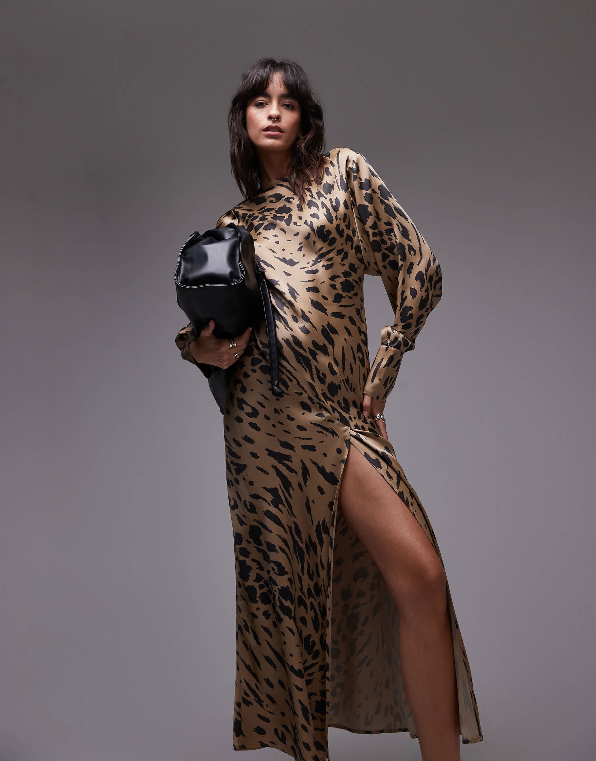 & Other Stories volume sleeve satin maxi dress with drape back detail in leopard print