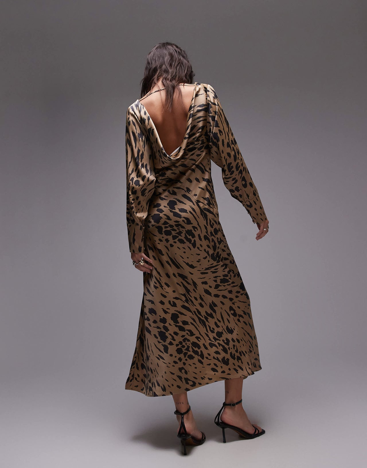 & Other Stories volume sleeve satin maxi dress with drape back detail in leopard print