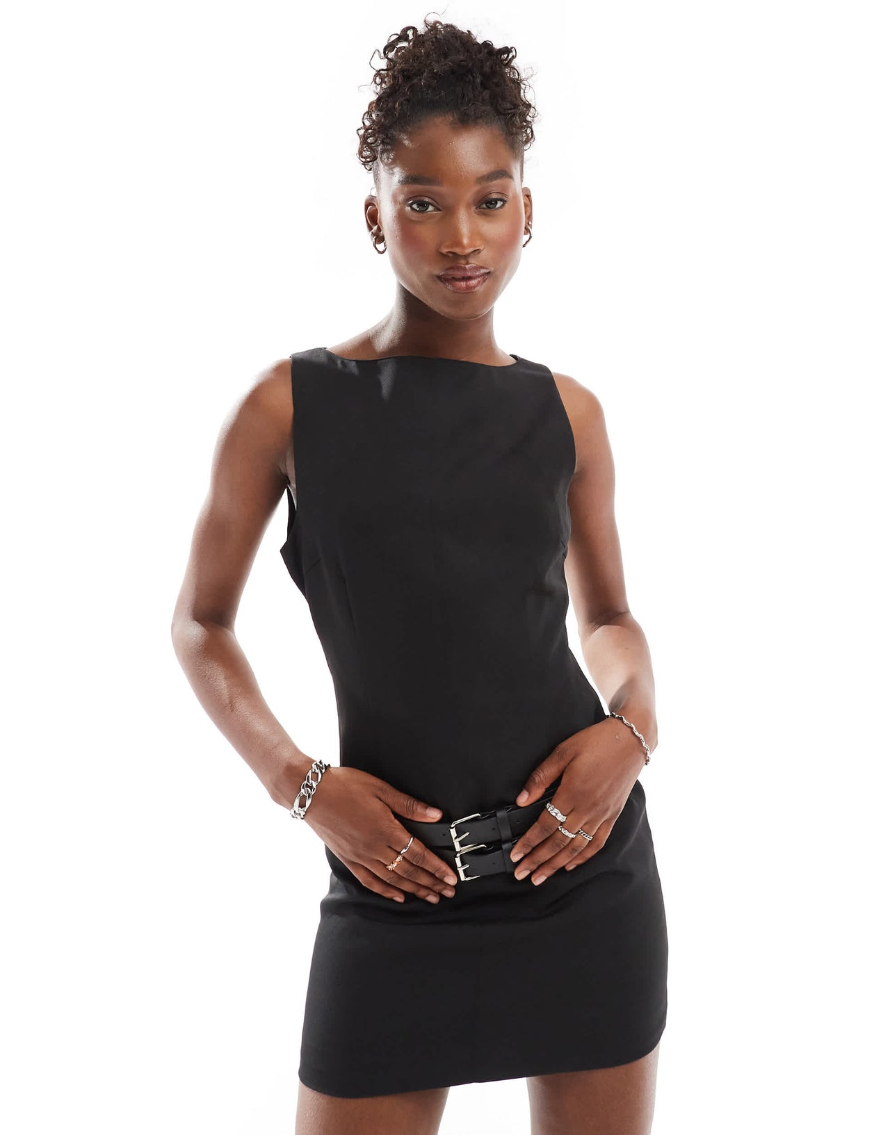 Lioness tailored high neck sleeveless buckle waist mini dress in black