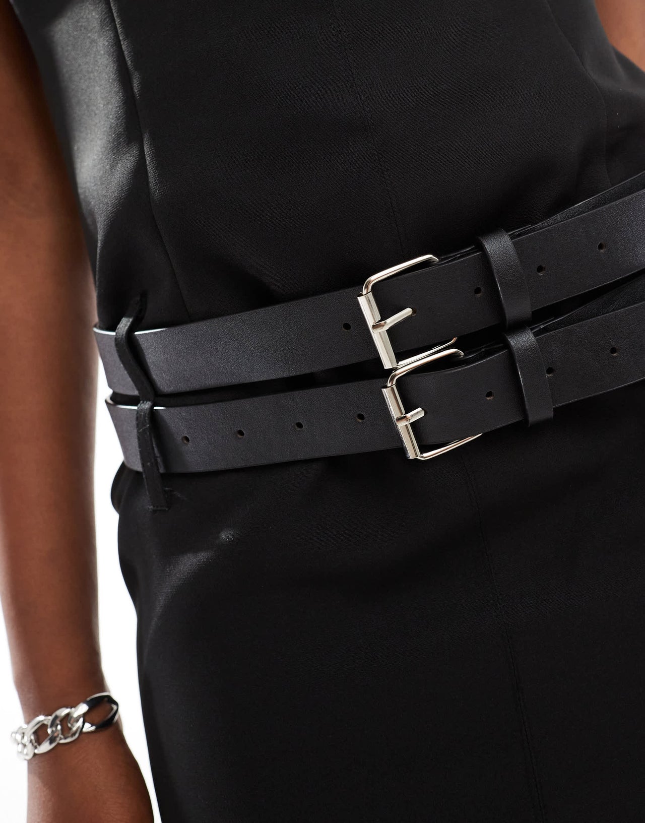 Lioness tailored high neck sleeveless buckle waist mini dress in black