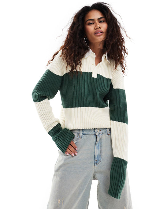 Lioness polo collar rugby stripe knitted jumper in green and cream