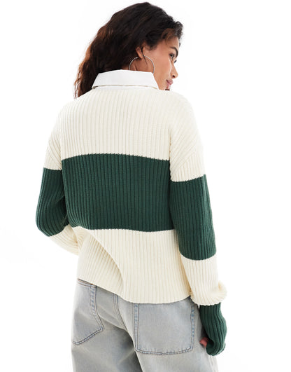 Lioness polo collar rugby stripe knitted jumper in green and cream