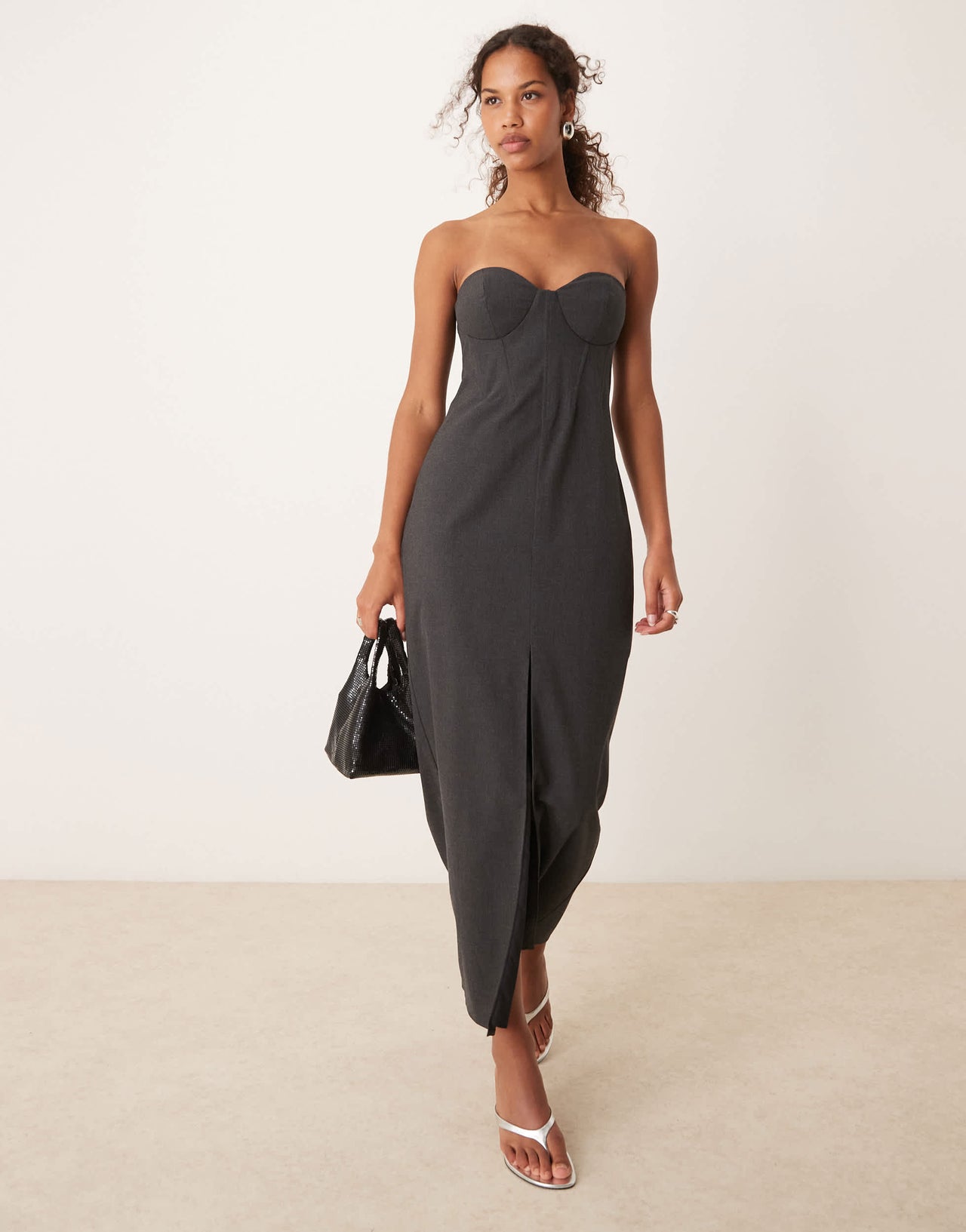 ASOS DESIGN corset detail bandeau midaxi dress with front split in charcoal grey