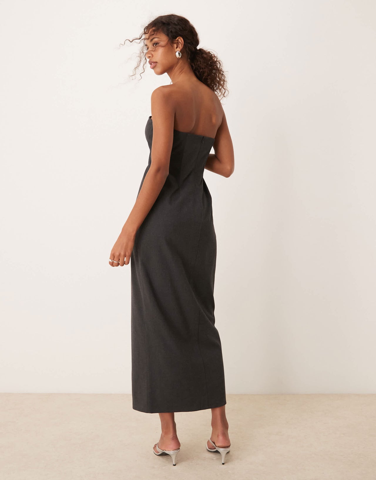 ASOS DESIGN corset detail bandeau midaxi dress with front split in charcoal grey