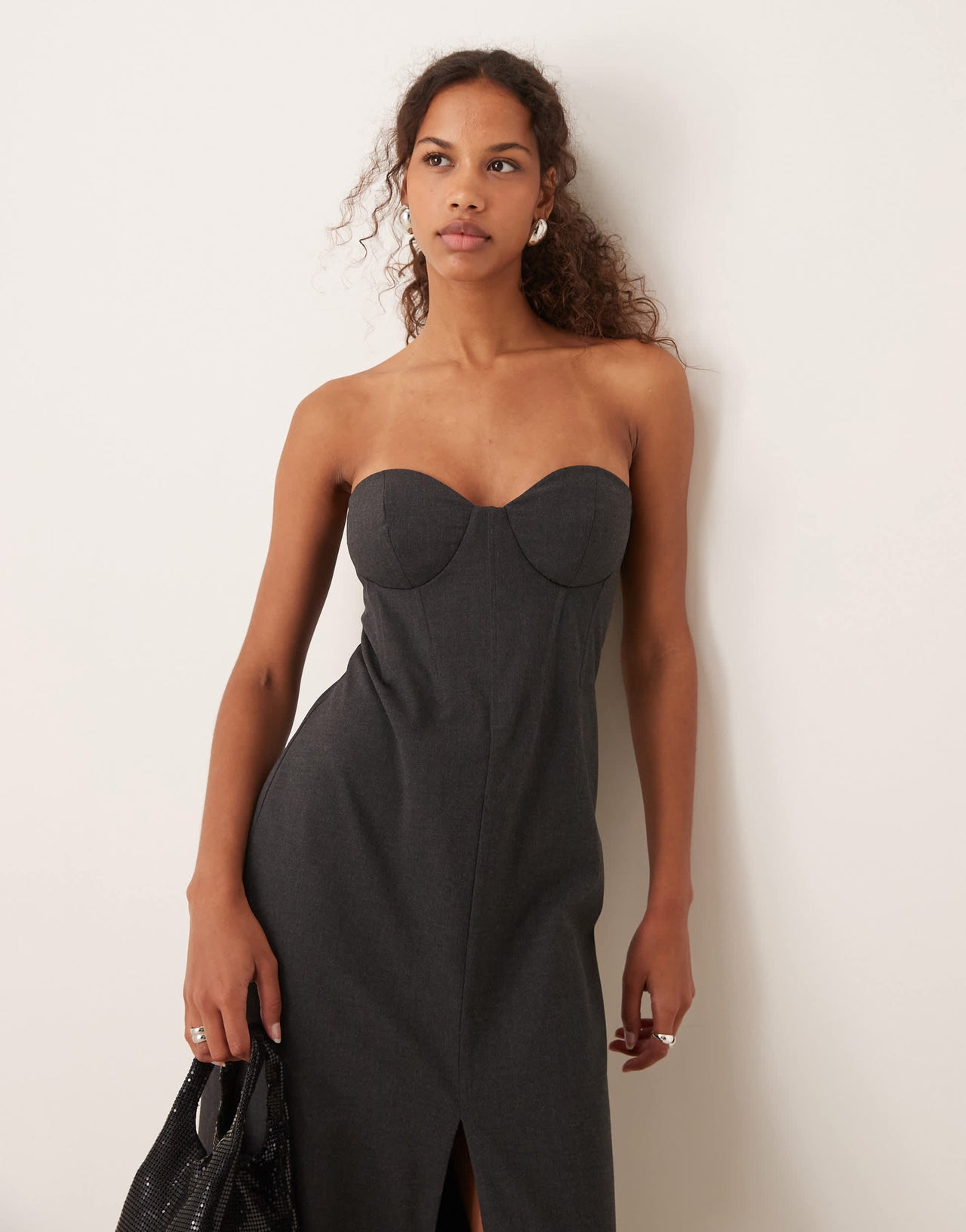 ASOS DESIGN corset detail bandeau midaxi dress with front split in charcoal grey