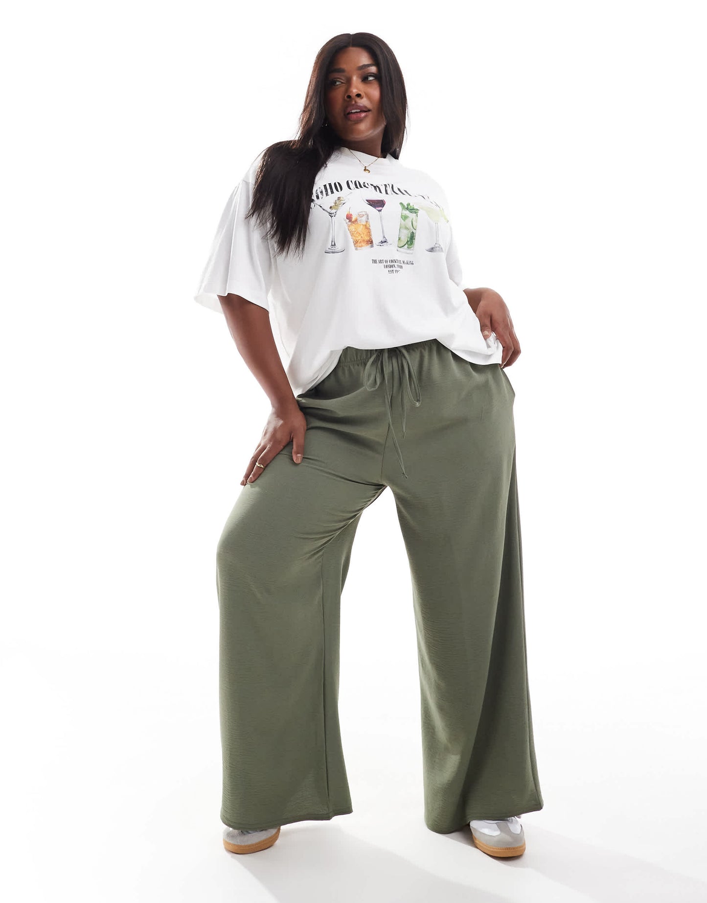 Yours washed twill wide leg trousers in olive