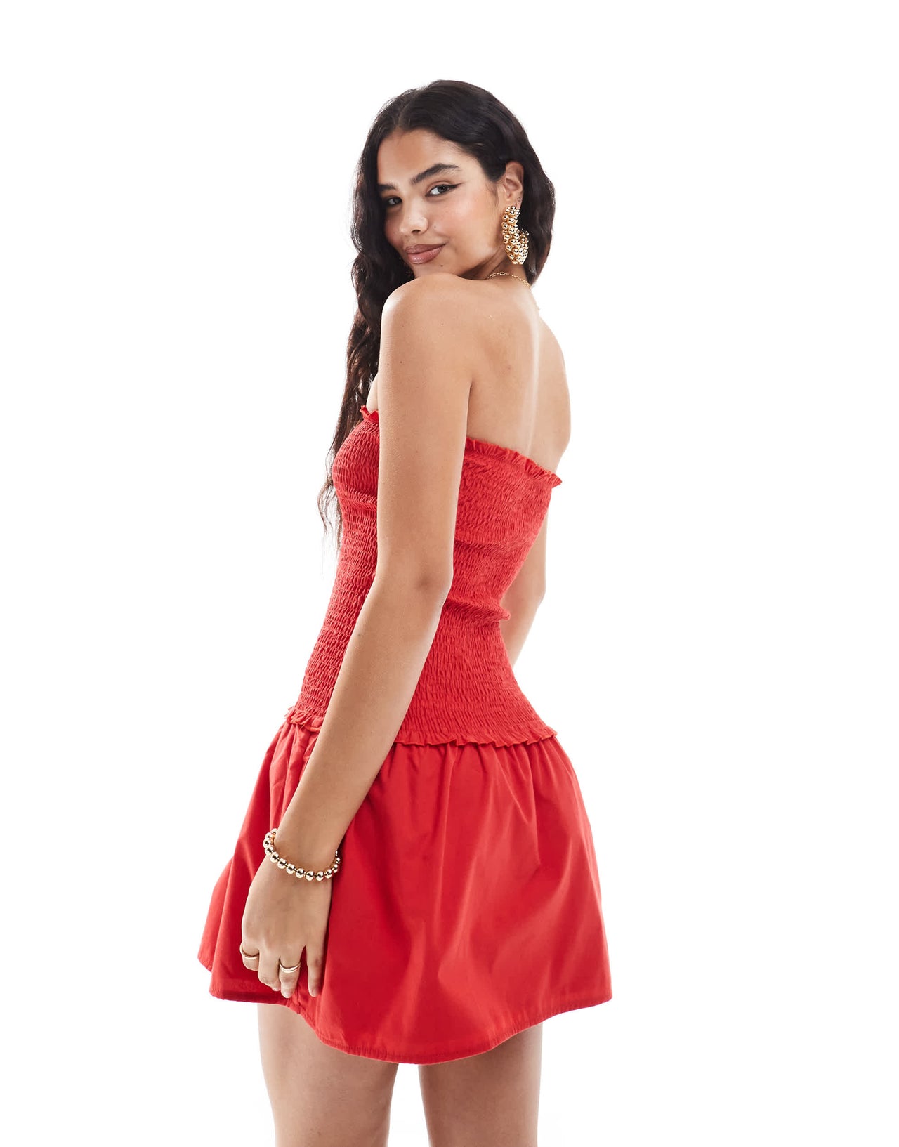 ASOS DESIGN drop waist shirred bandeau mini dress in red