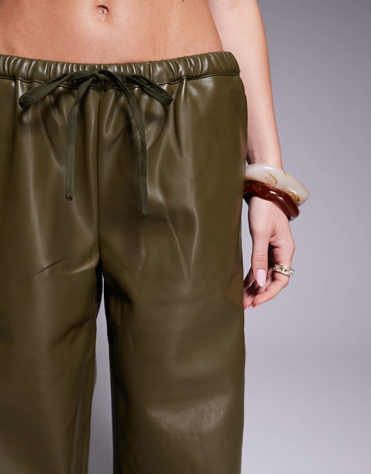 Kaiia exclusive leather look wide leg drawstring trousers co-ord in green