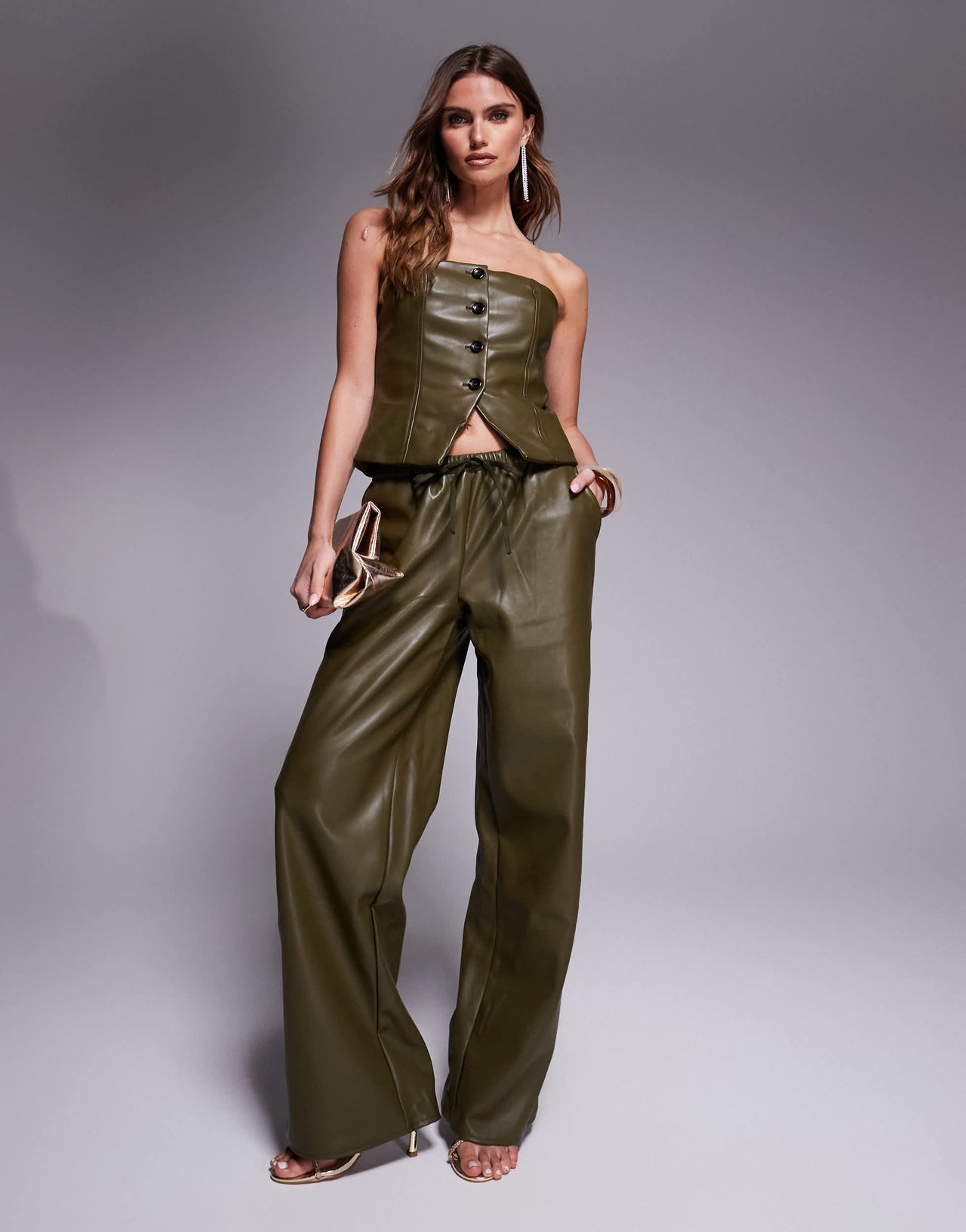 Kaiia exclusive leather look button through bandeau top co-ord in green