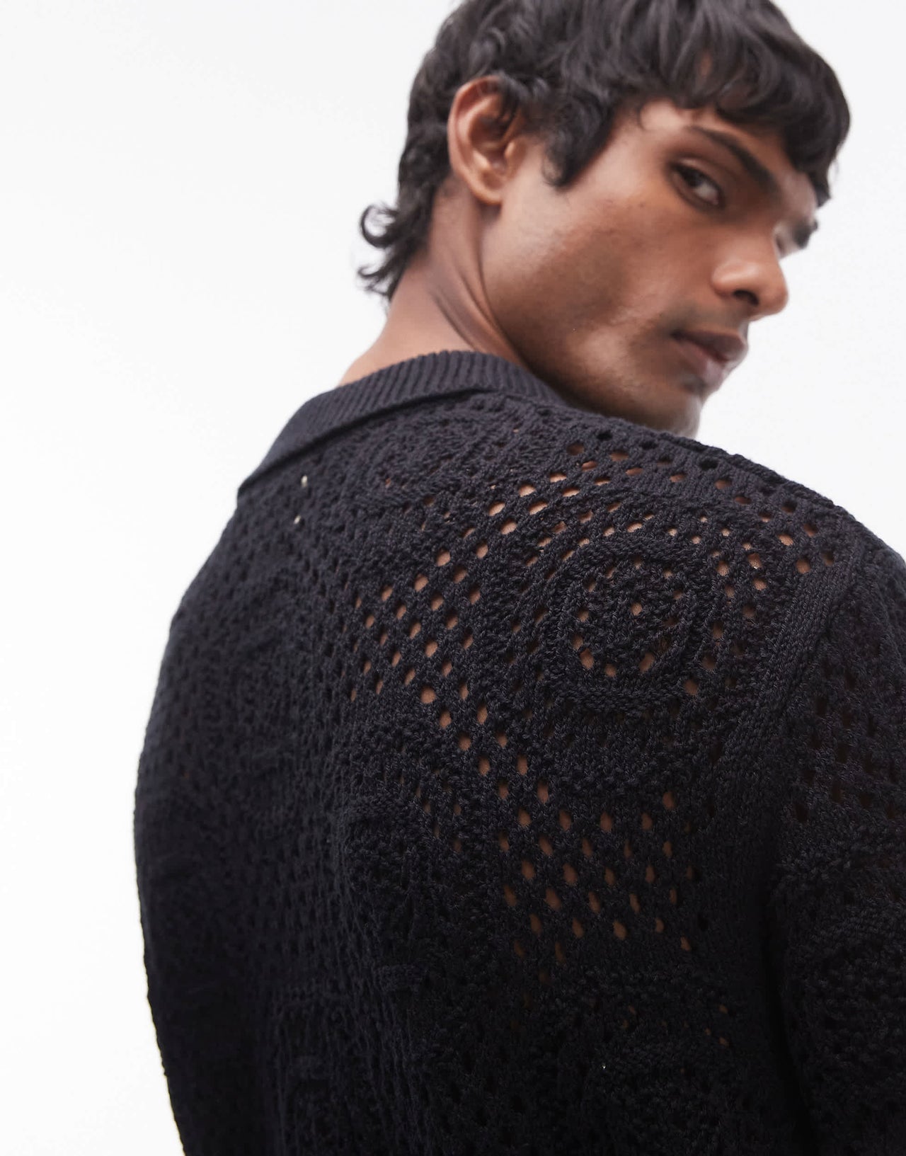 Levi's short sleeve button through pointelle crochet knit camp shirt in black