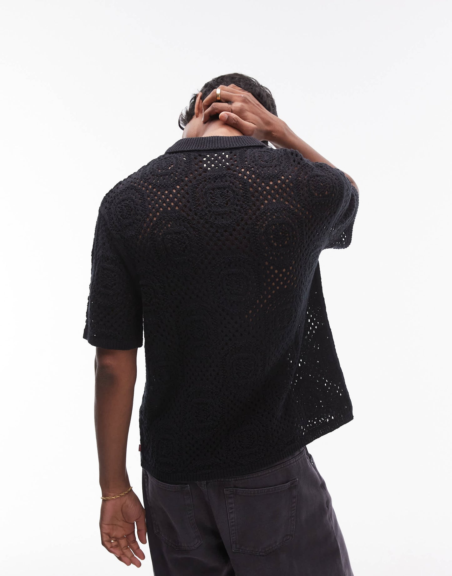 Levi's short sleeve button through pointelle crochet knit camp shirt in black
