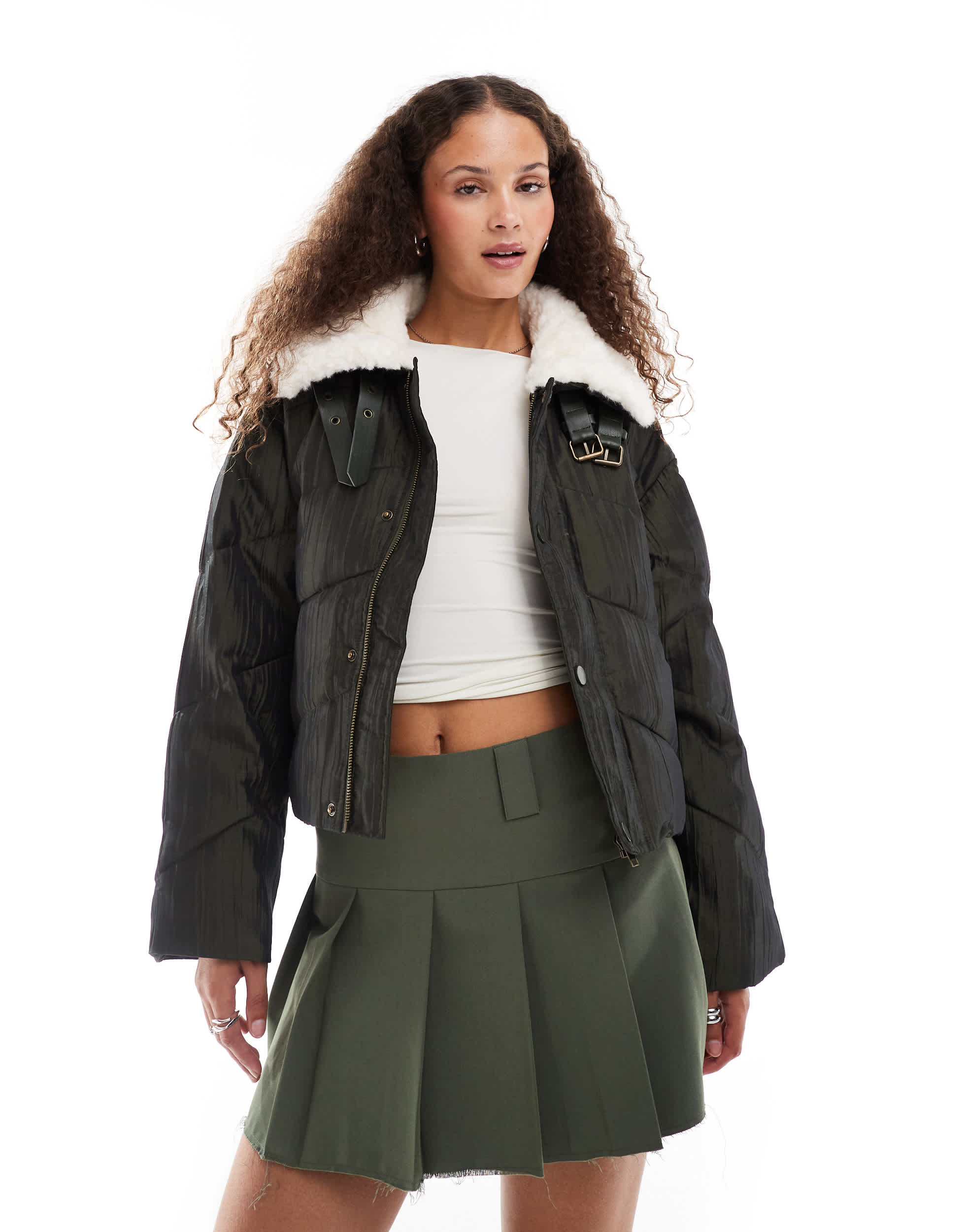 Urban Revivo iridescent high neck puffer jacket in deep green