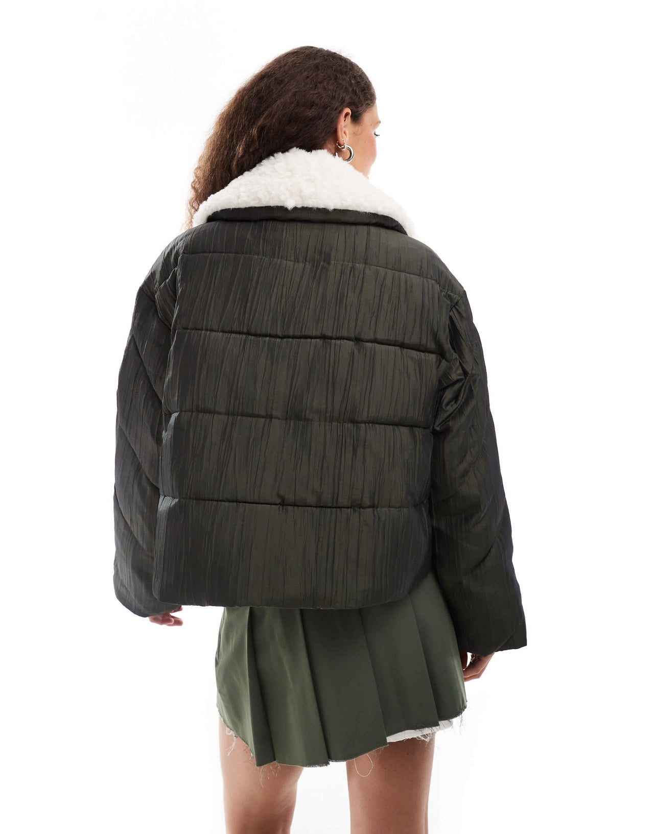 Urban Revivo iridescent high neck puffer jacket in deep green