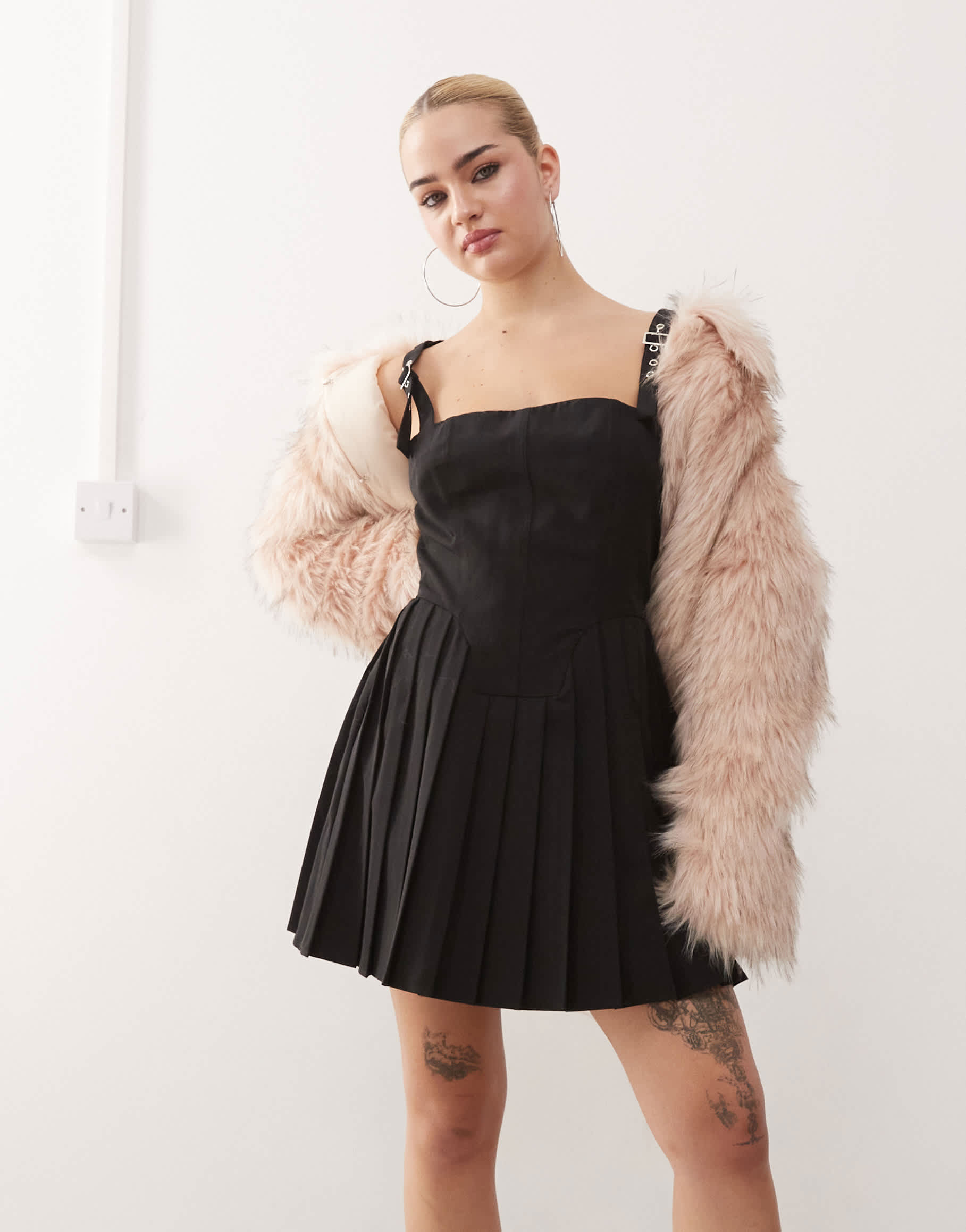 COLLUSION pinny mini dress with buckle detail in black