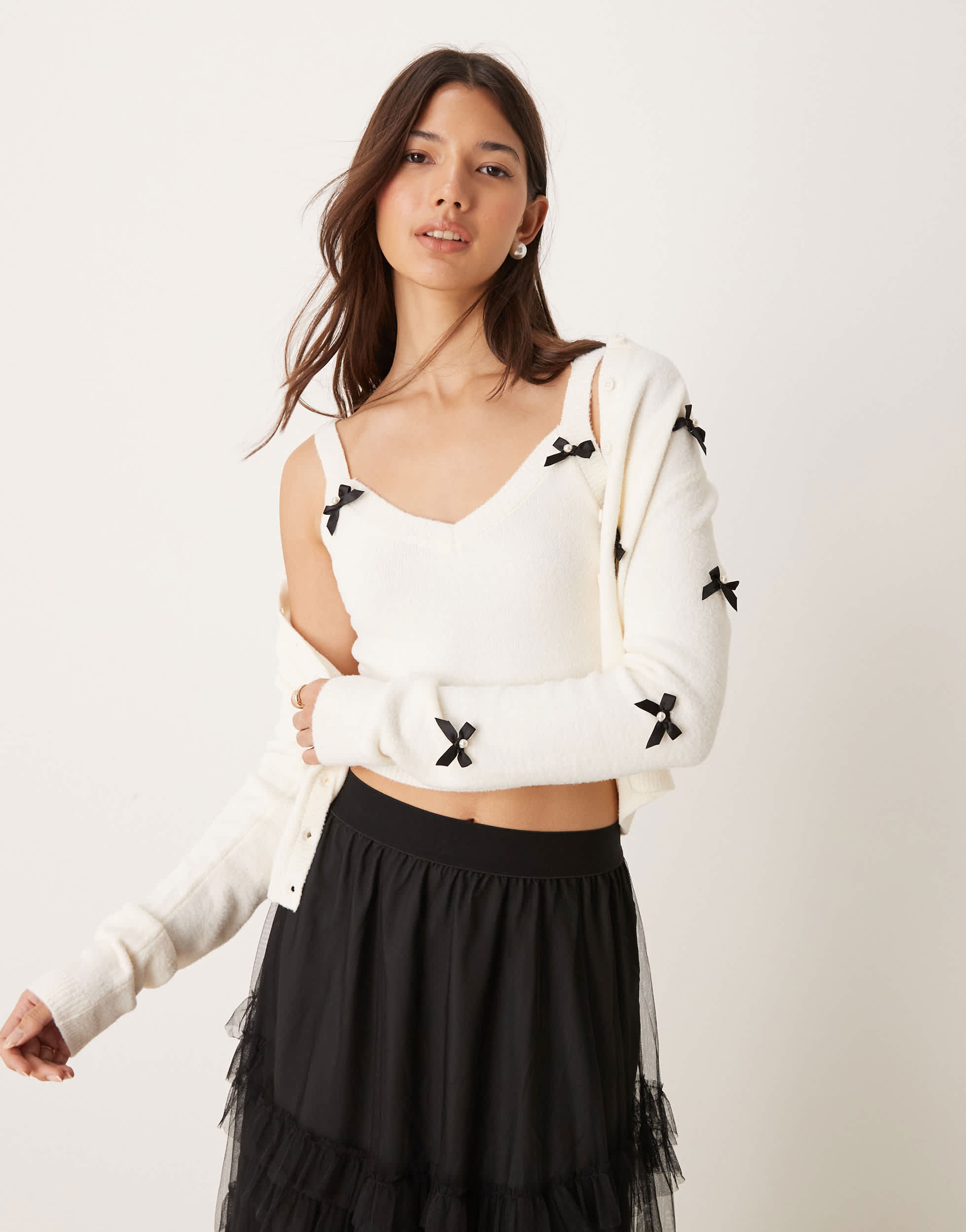 New Look co-ord fluffy bow vest in cream