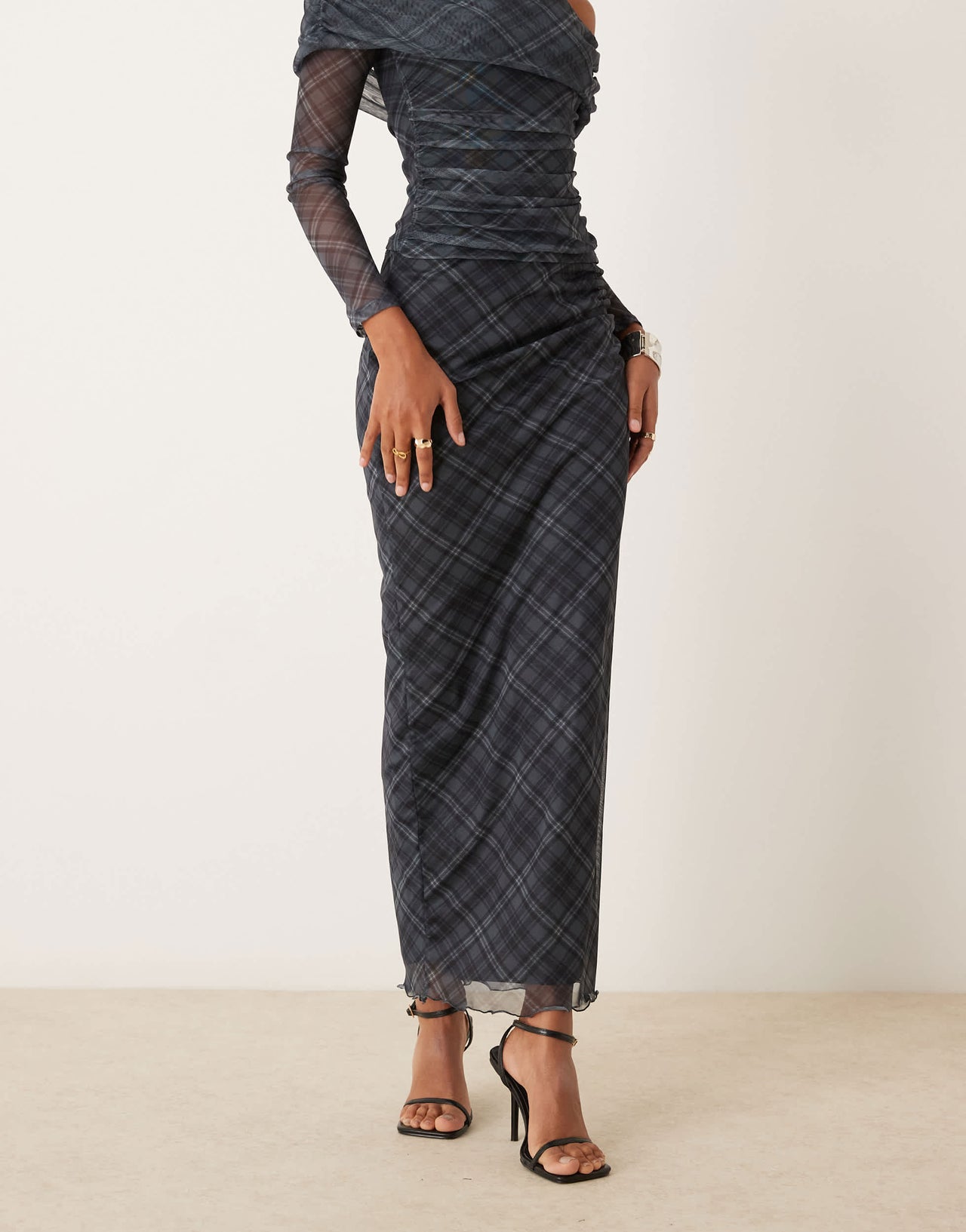 New Look co-ord check mesh midi skirt in blue pattern