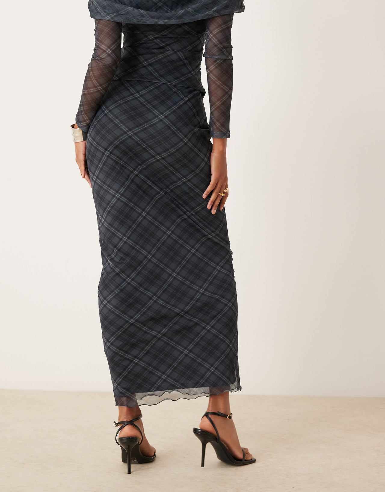 New Look co-ord check mesh midi skirt in blue pattern