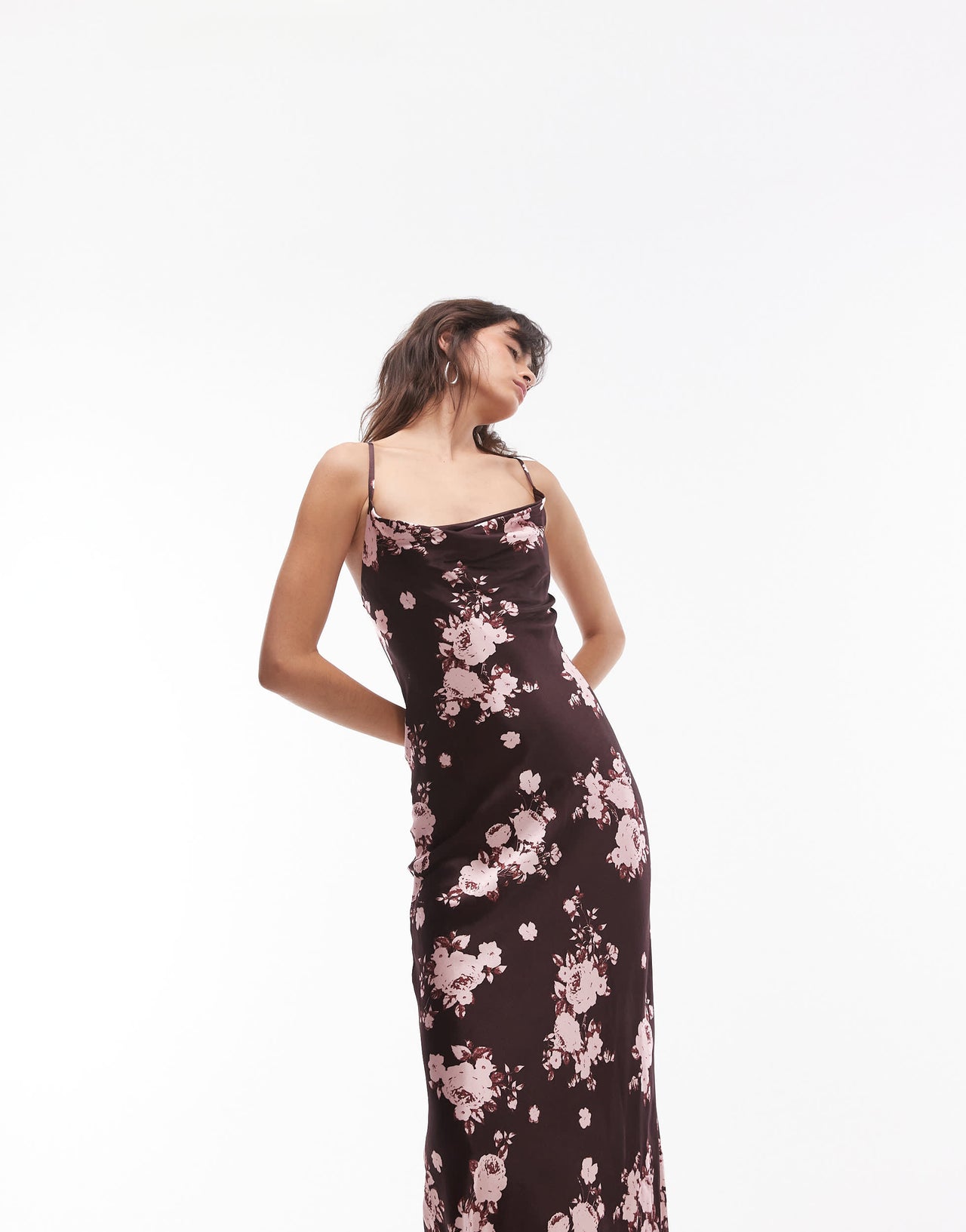 Topshop cowl slip midi dress in burgundy floral print
