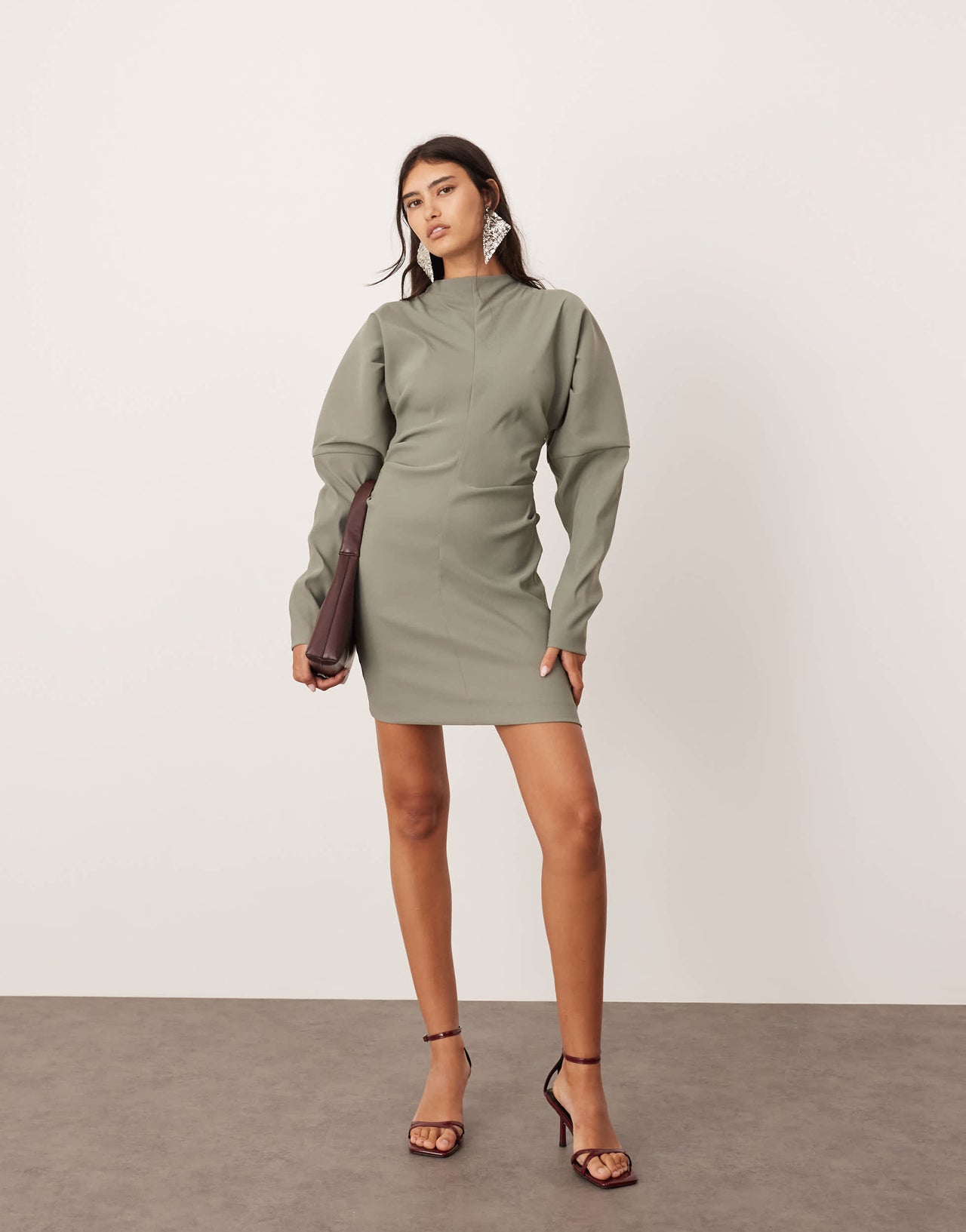 ASOS EDITION structured sleeve mini dress with pleat waist in khaki green