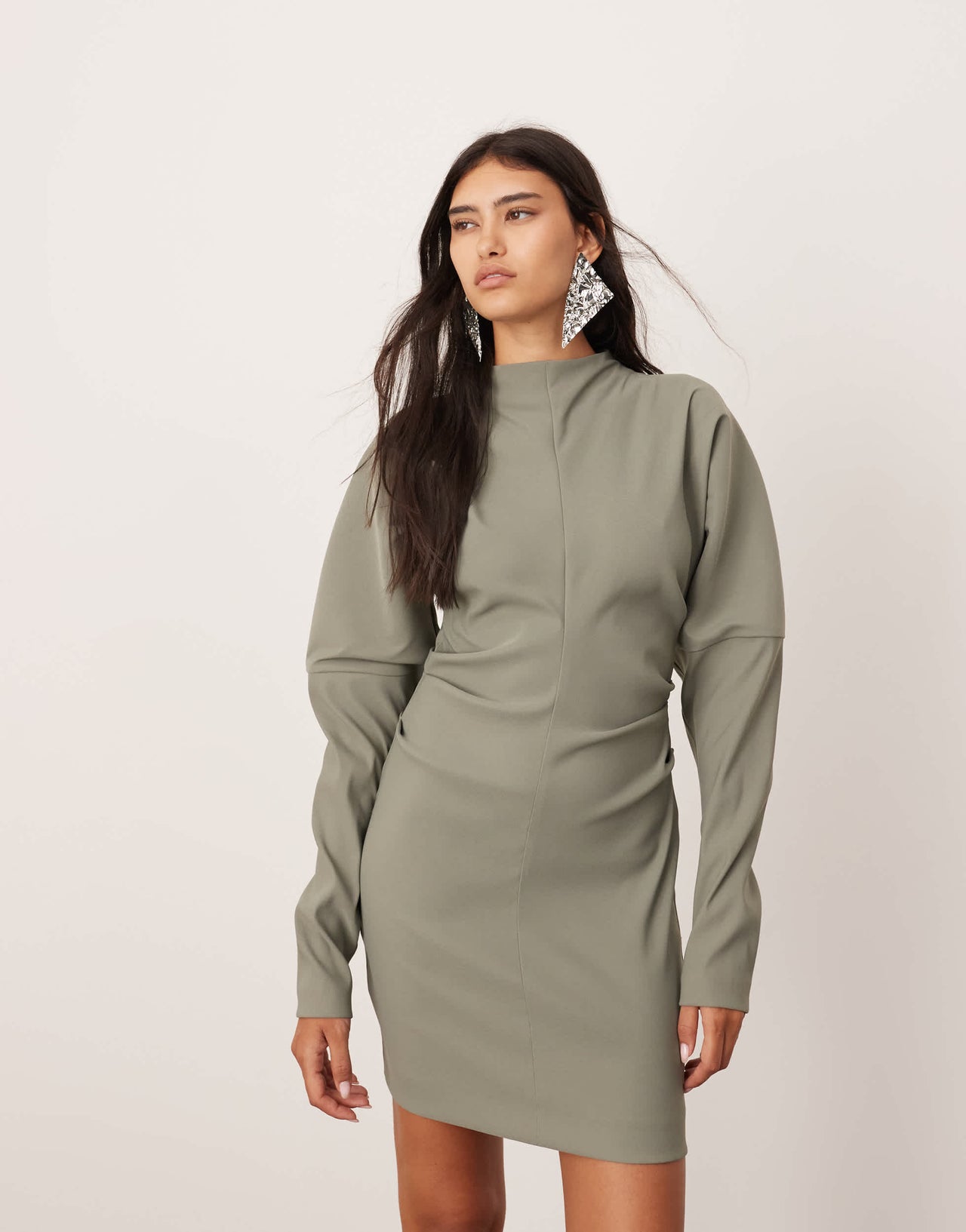 ASOS EDITION structured sleeve mini dress with pleat waist in khaki green
