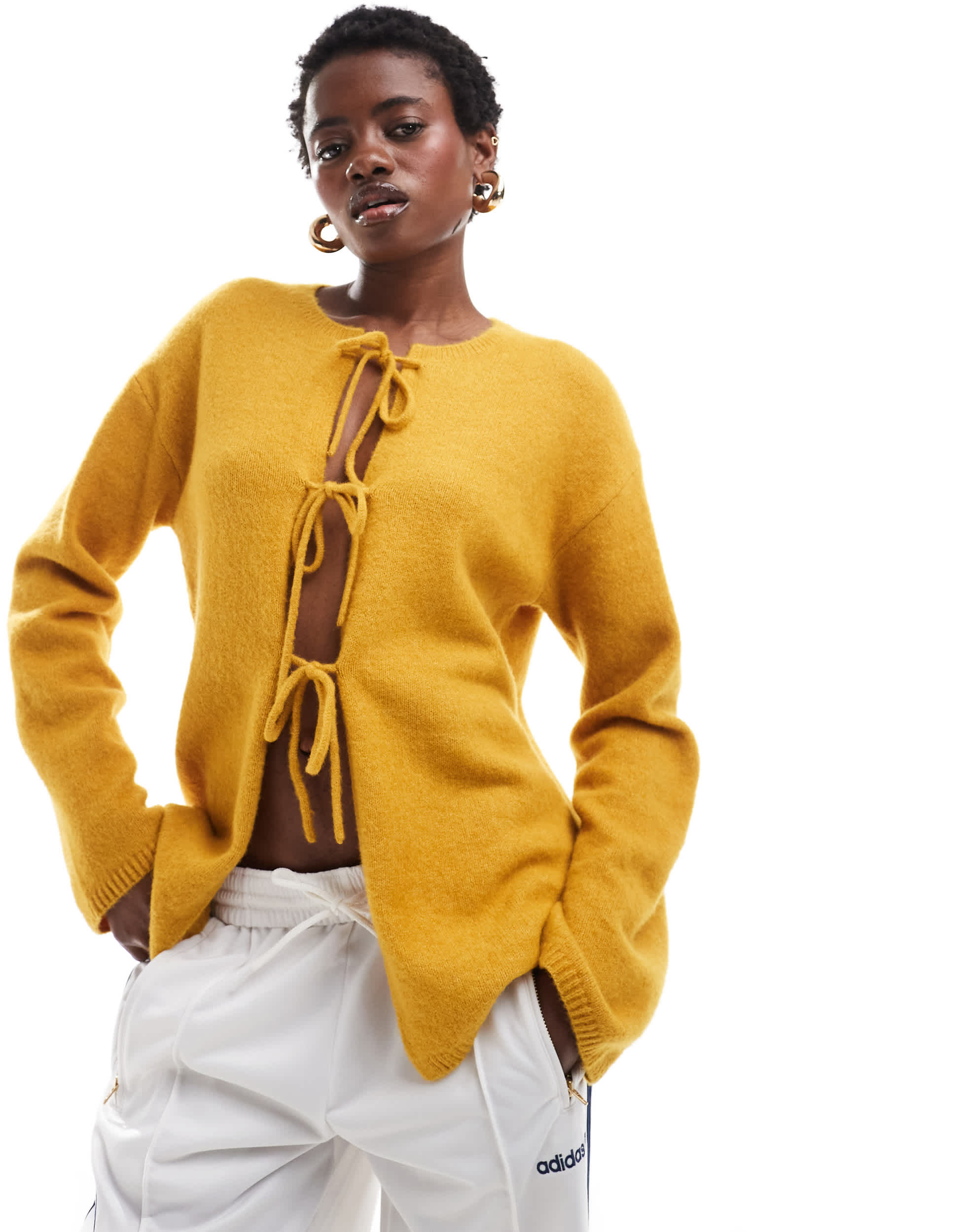Monki knit bow tie up cardigan in yellow melange