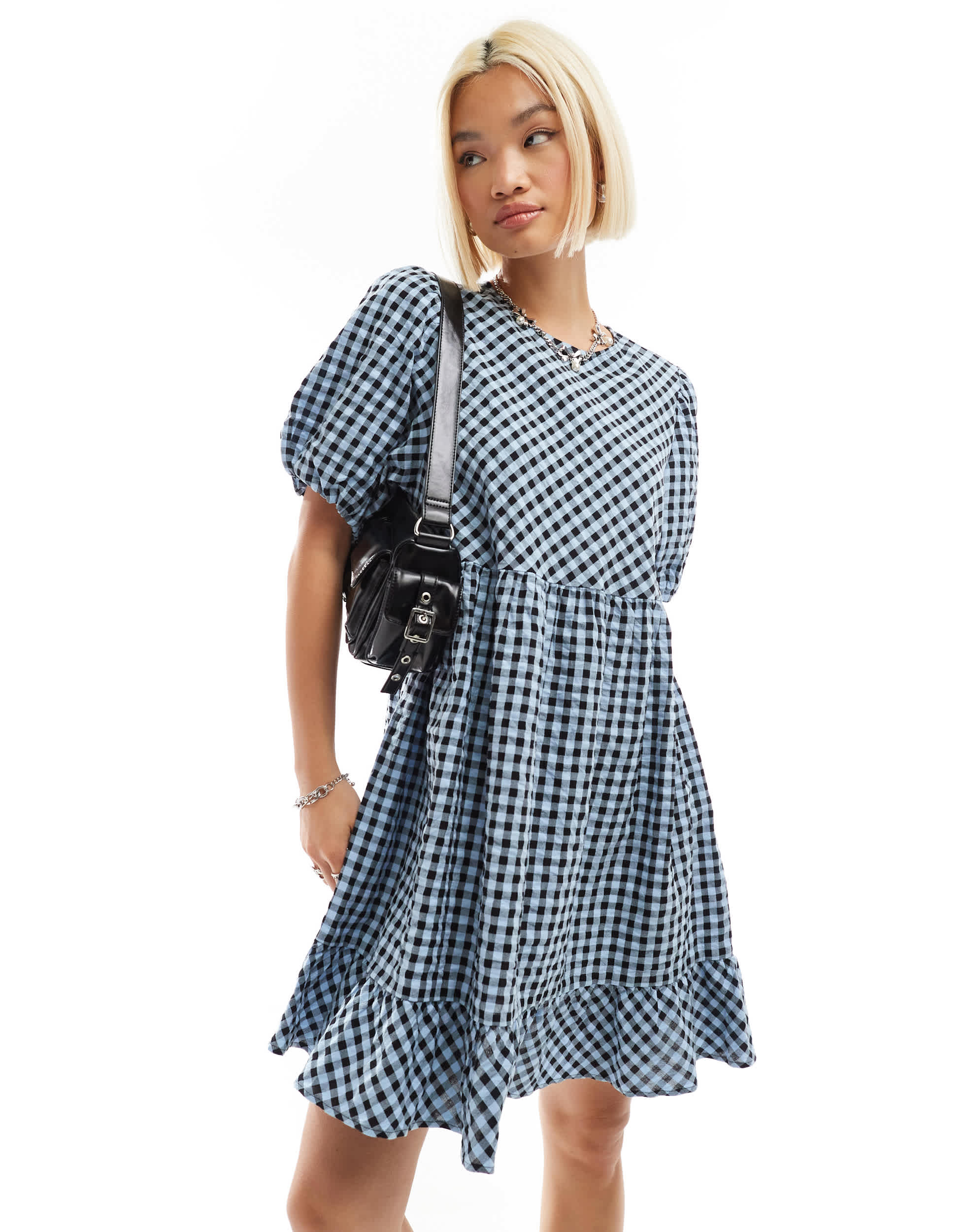 Monki short sleeve smock mini dress in blue check