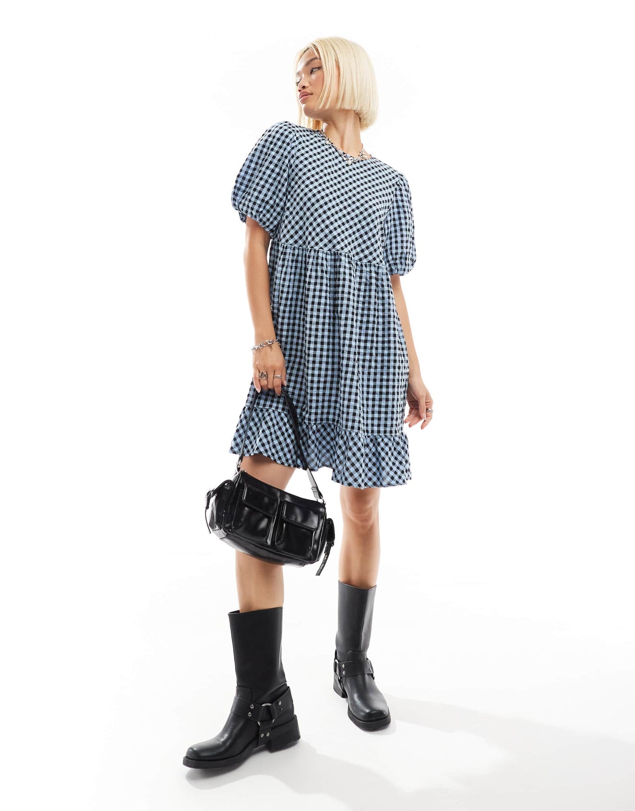 Monki short sleeve smock mini dress in blue check
