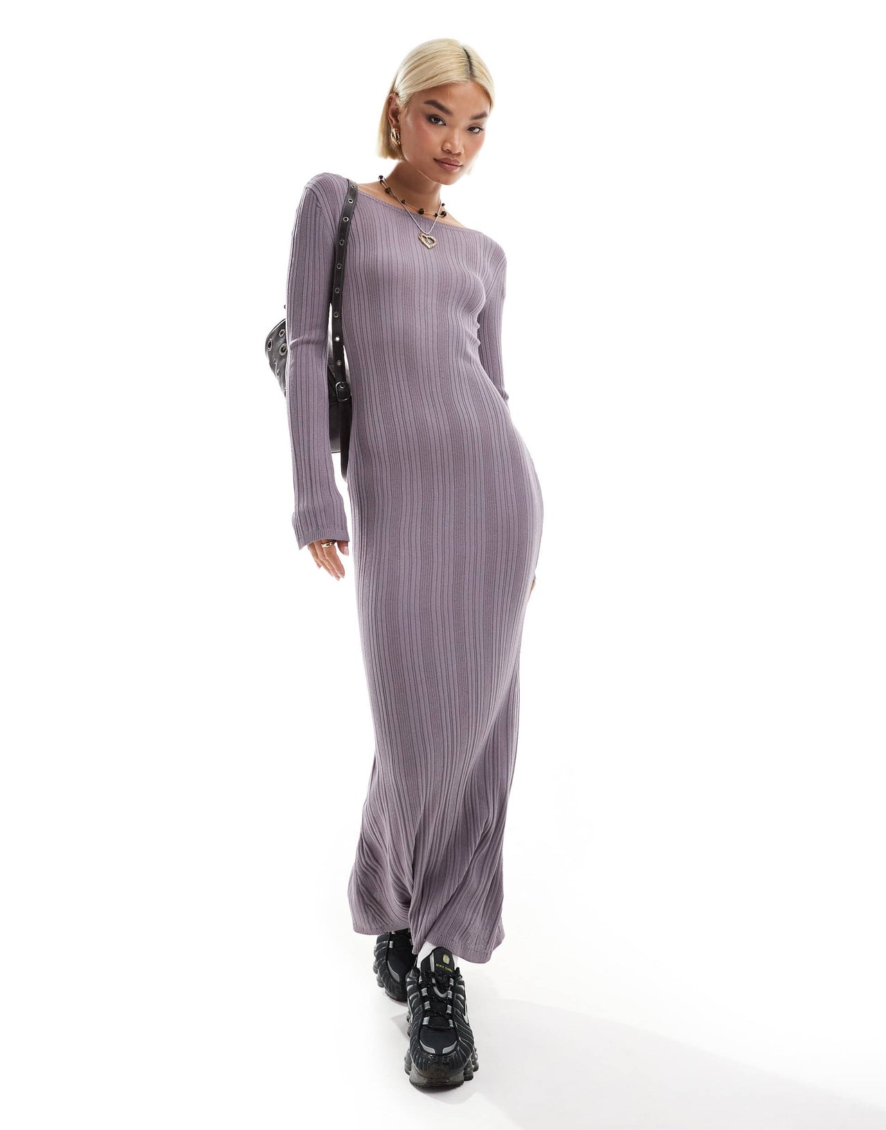 Monki long sleeve knitted slim fit maxi dress in lilac